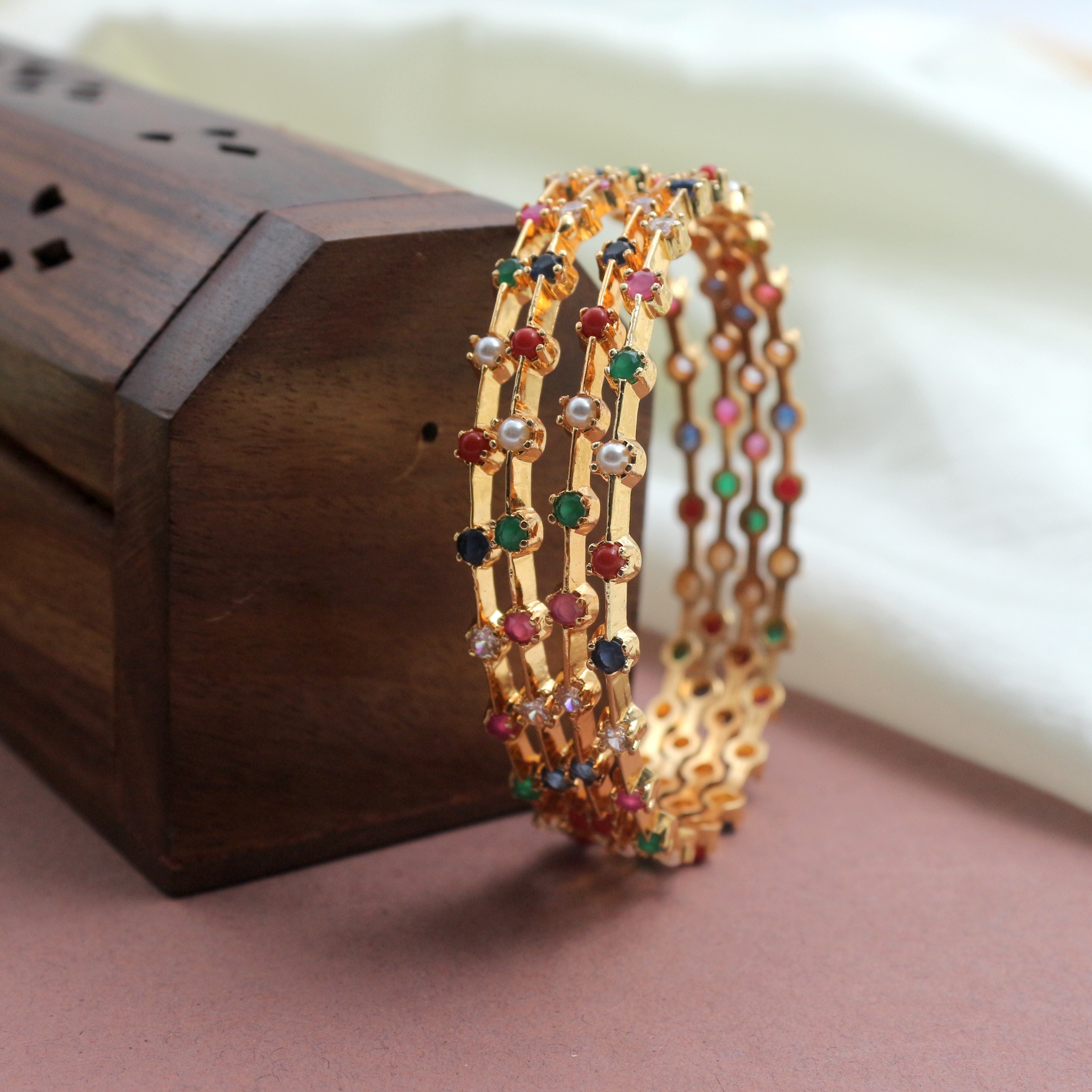 Lightweight Real Gold Tone Traditional Navarathna Set of 4Bangles