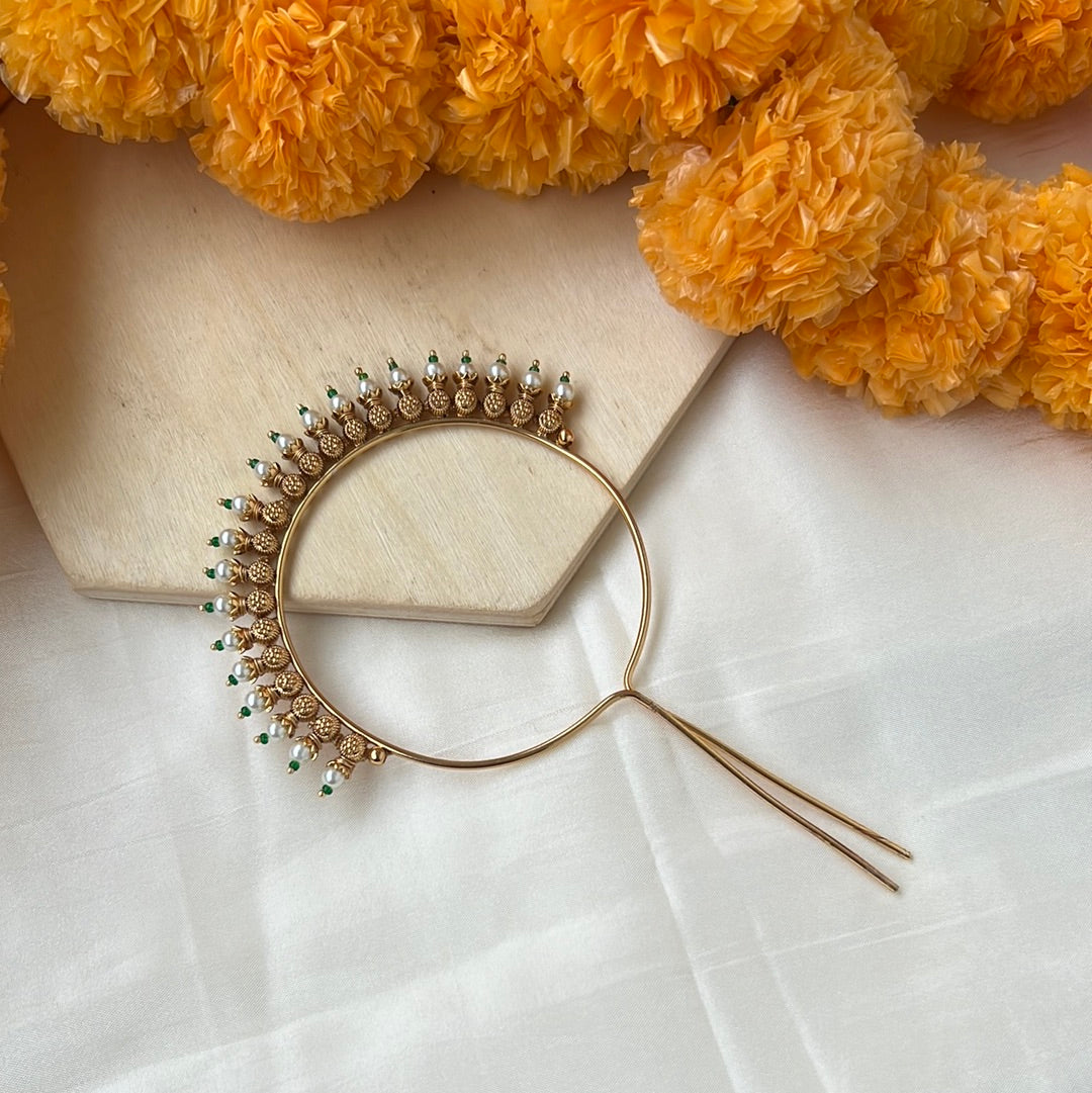 Antique Gold Bridal Pearl Bun Rakodi Hair Pin: Elegant South Indian Temple Jewellery