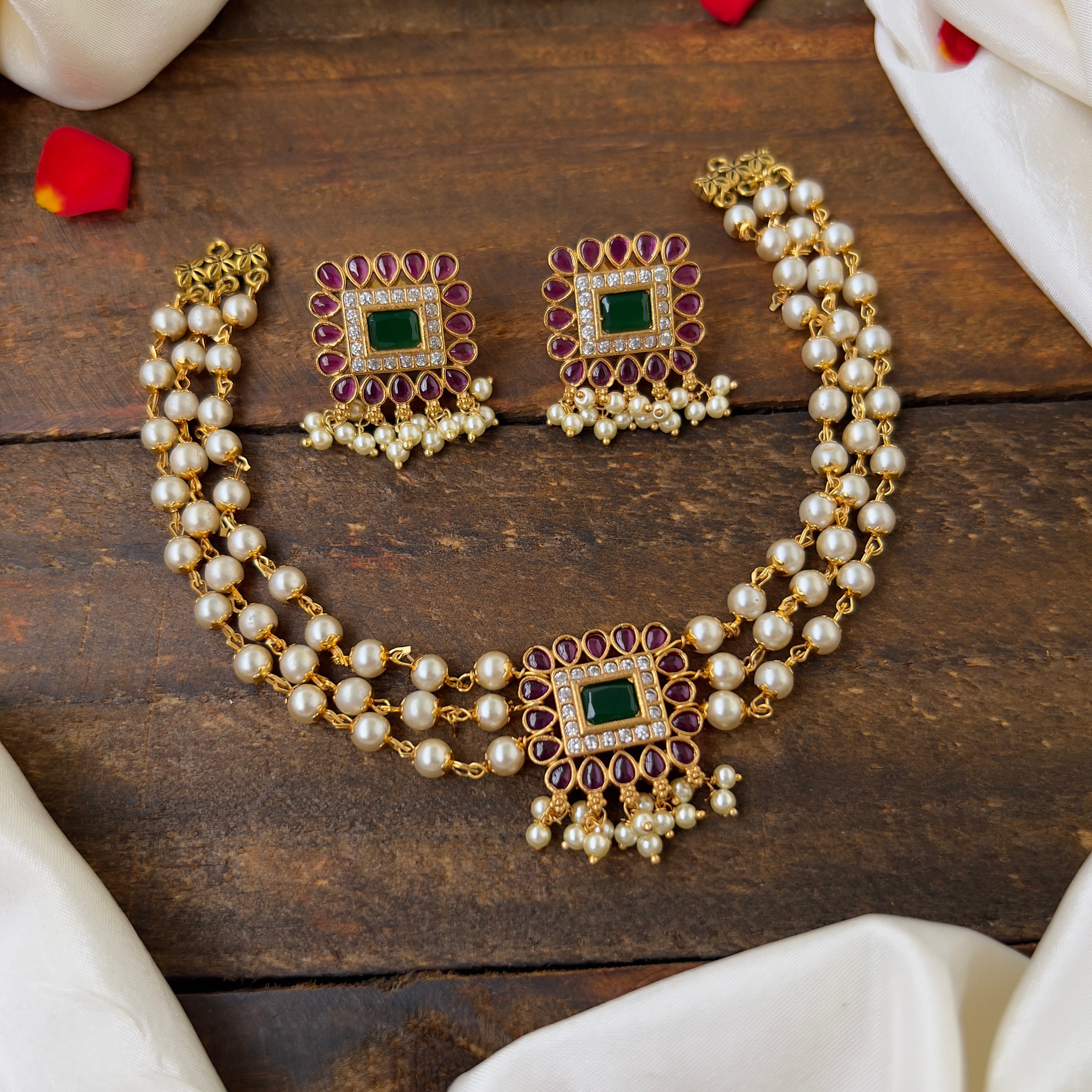 Premium AD Kemp Rectangle Pendant: 3-Line Pearl Choker Set - Exquisite and Stylish Necklace