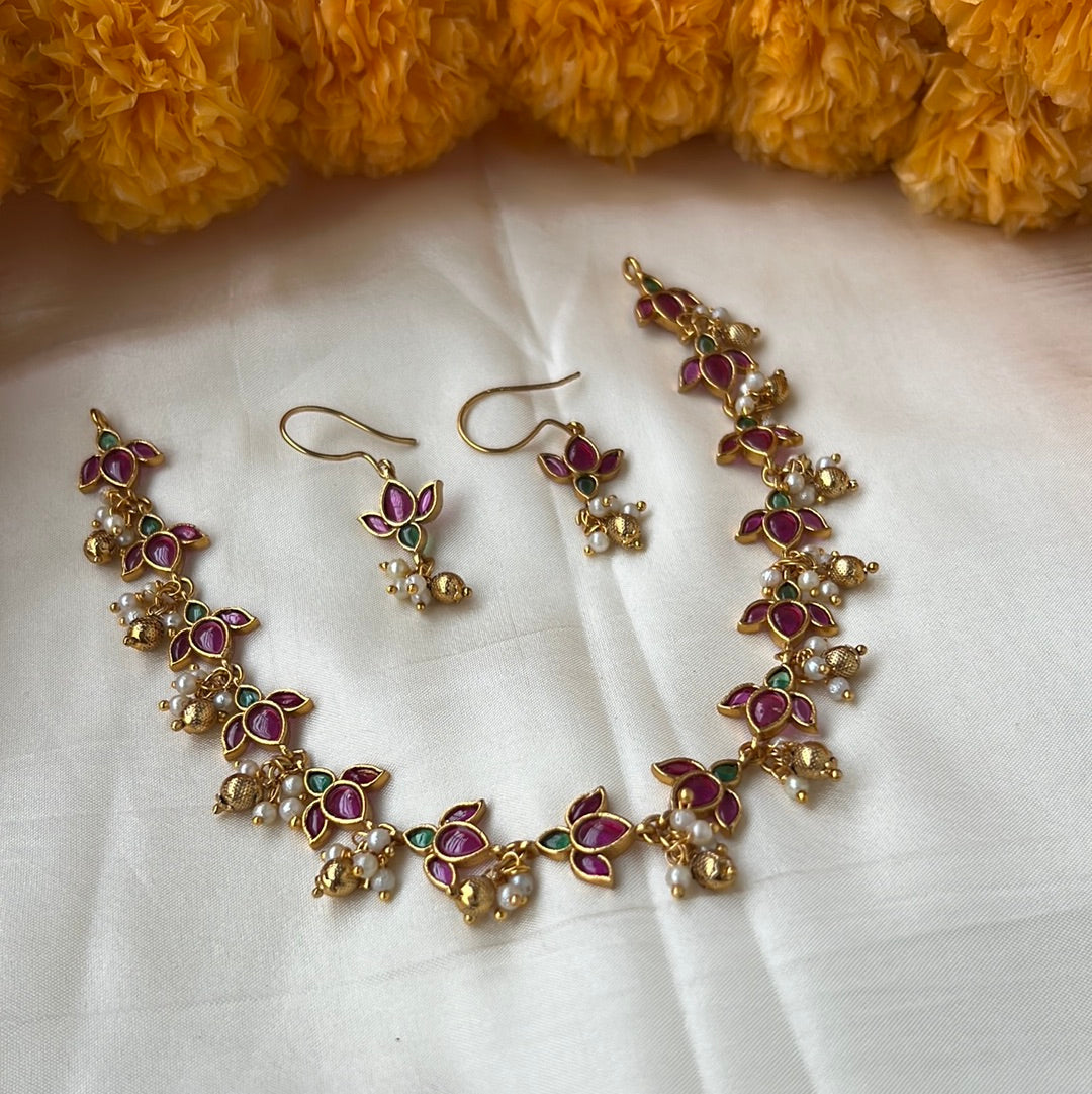 Lightweight Kemp Lotus Necklace Set - Multi: Kids-Friendly & Exquisite South Indian Temple Jewellery