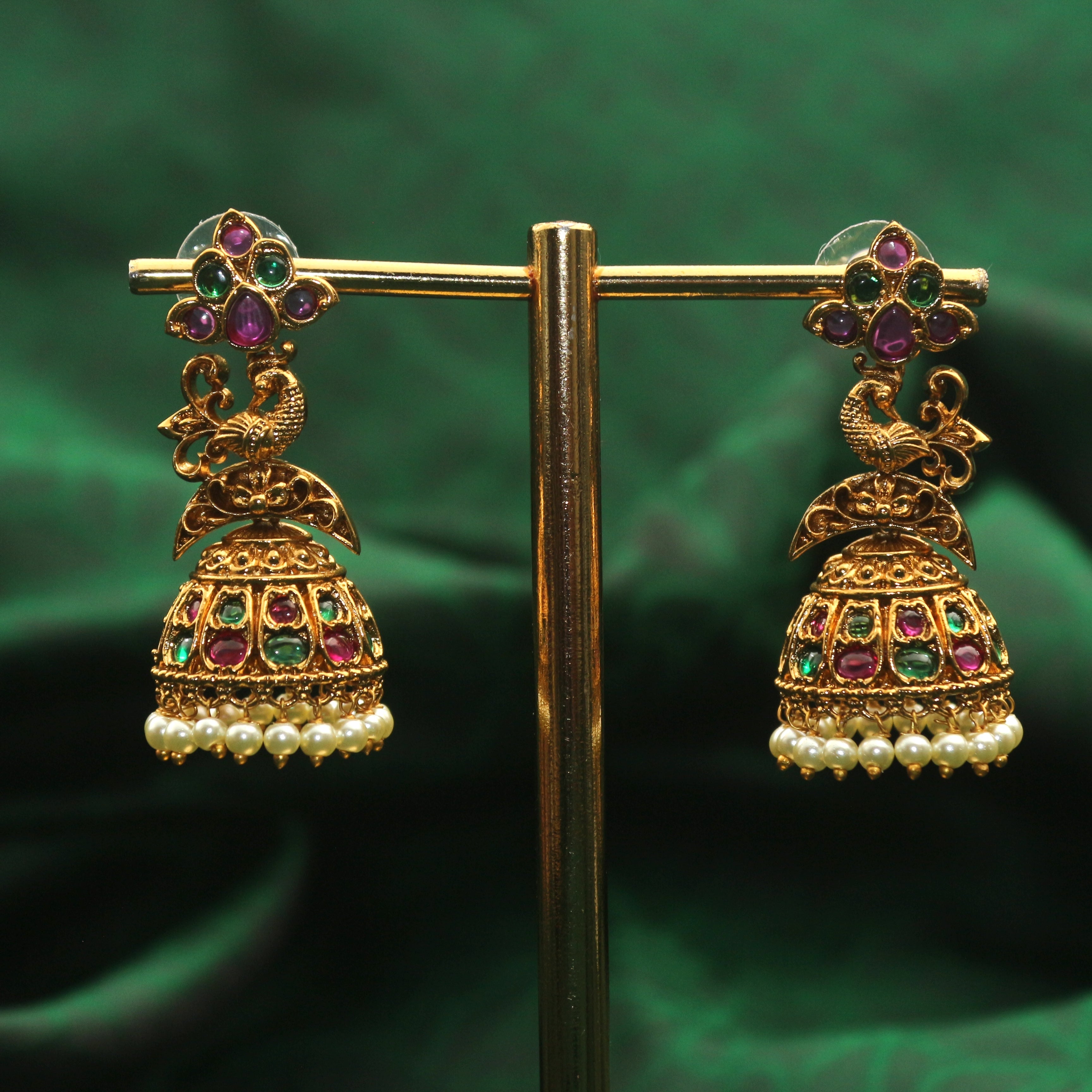 Antique Gold Kemp Peacock Flower Bridal Jhumkas