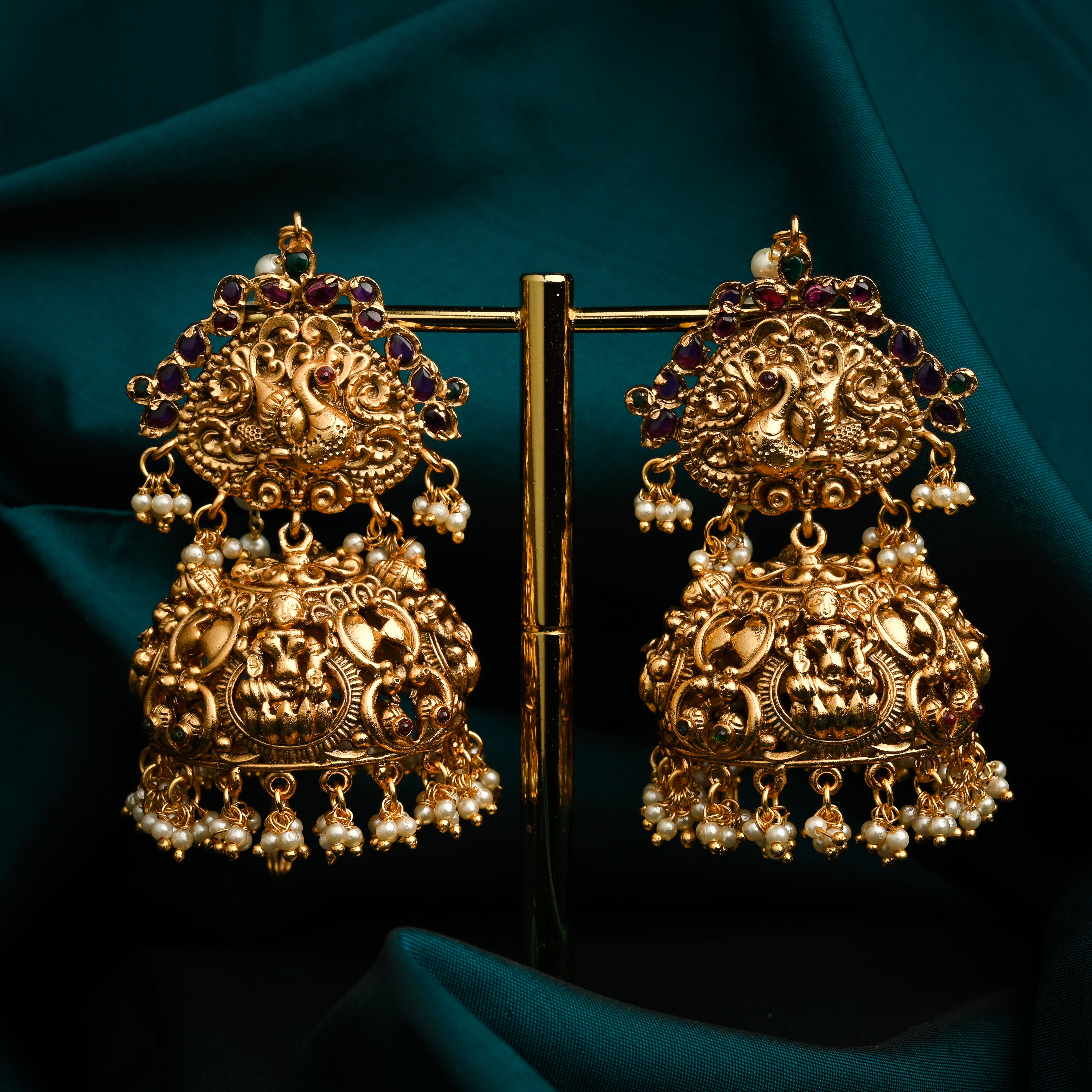 Antique Matte Mayuri Lakshmi Bridal Jhumkas With Single Line Pearl Ear Chain