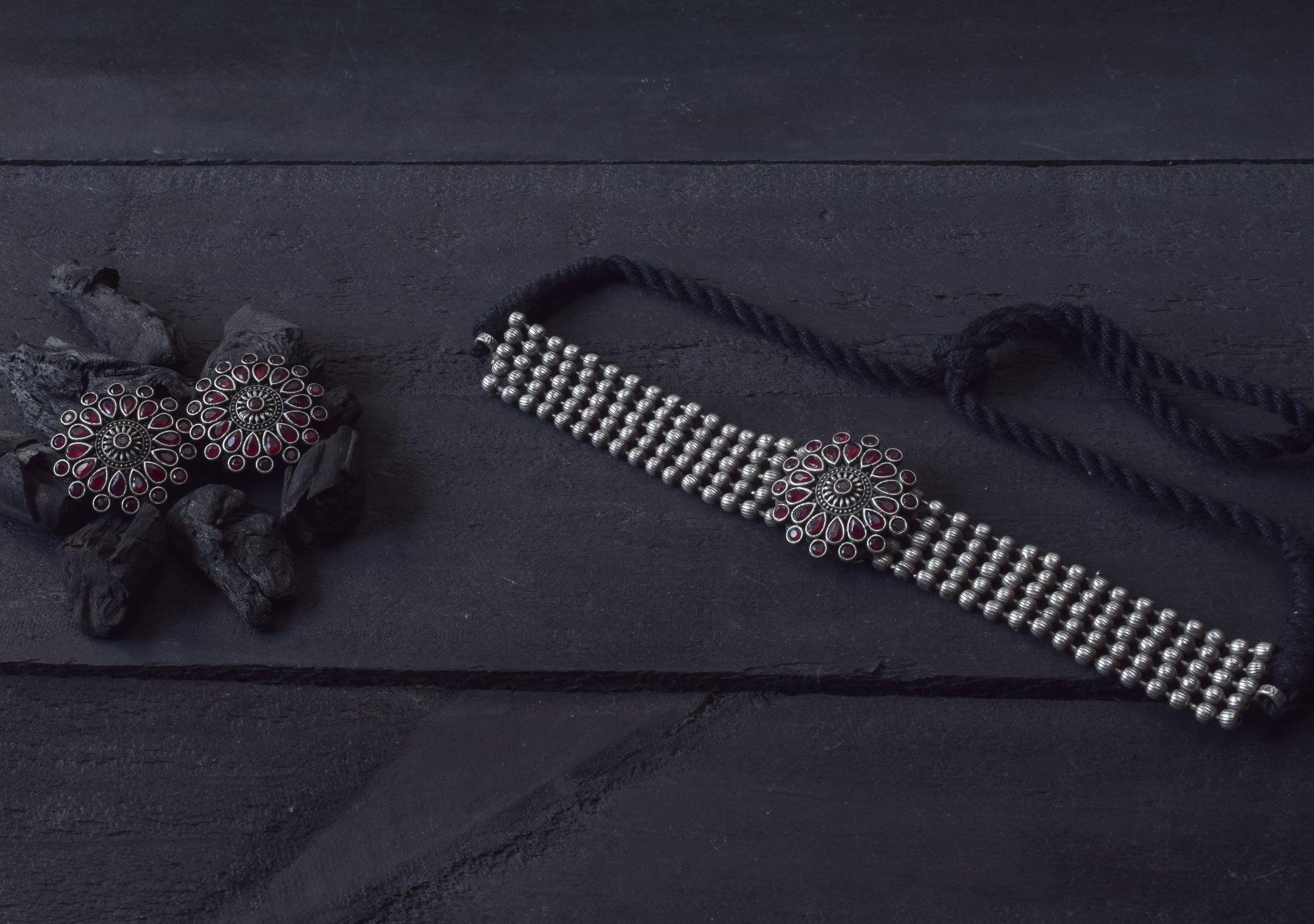 Kolhapuri Silver Look Alike Flower Chakra Pendant Choker - Red - Happy Pique