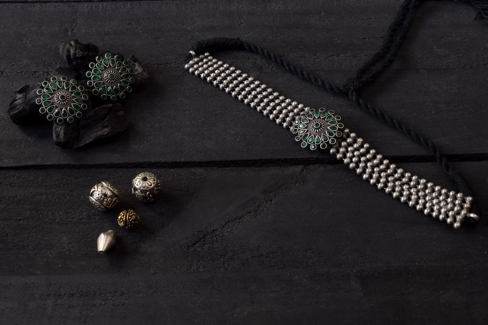 Kolhapuri Silver Look Alike Flower Chakra Pendant Choker - Green - Happy Pique