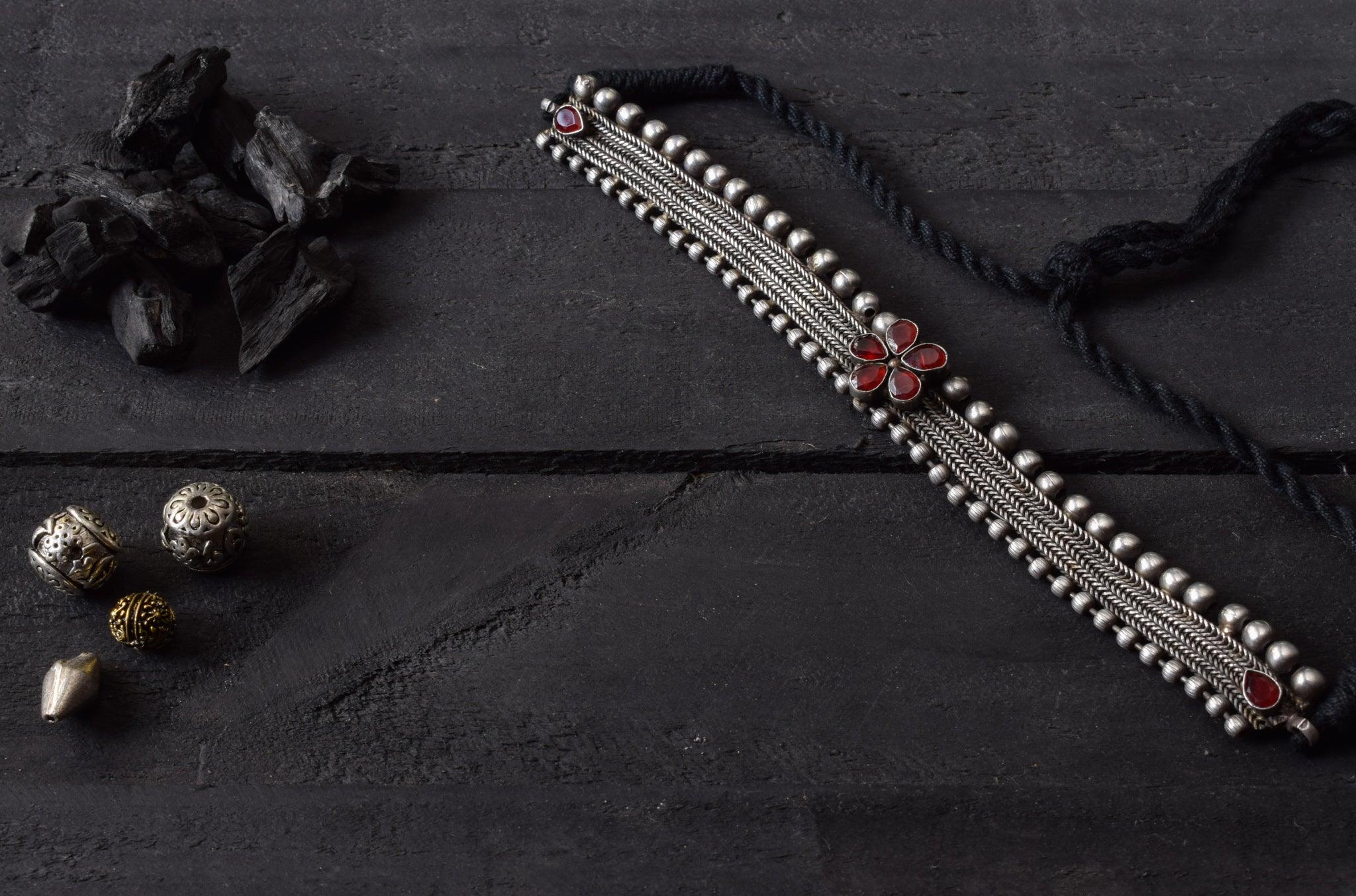 Kolhapuri Flower Studded German Silver Choker - Red - Happy Pique