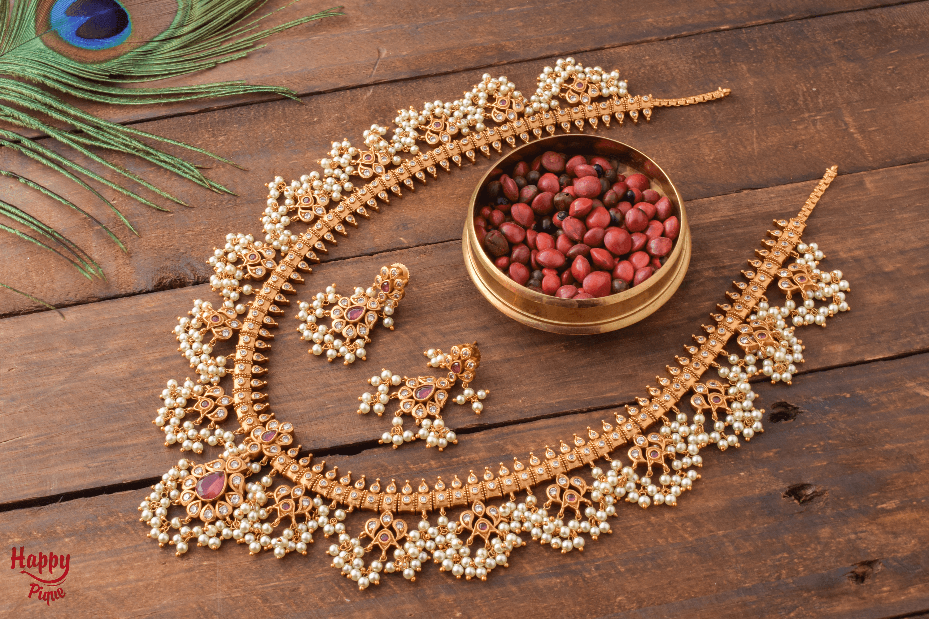 Guttapusalu Bridal Haaram - Red - Happy Pique