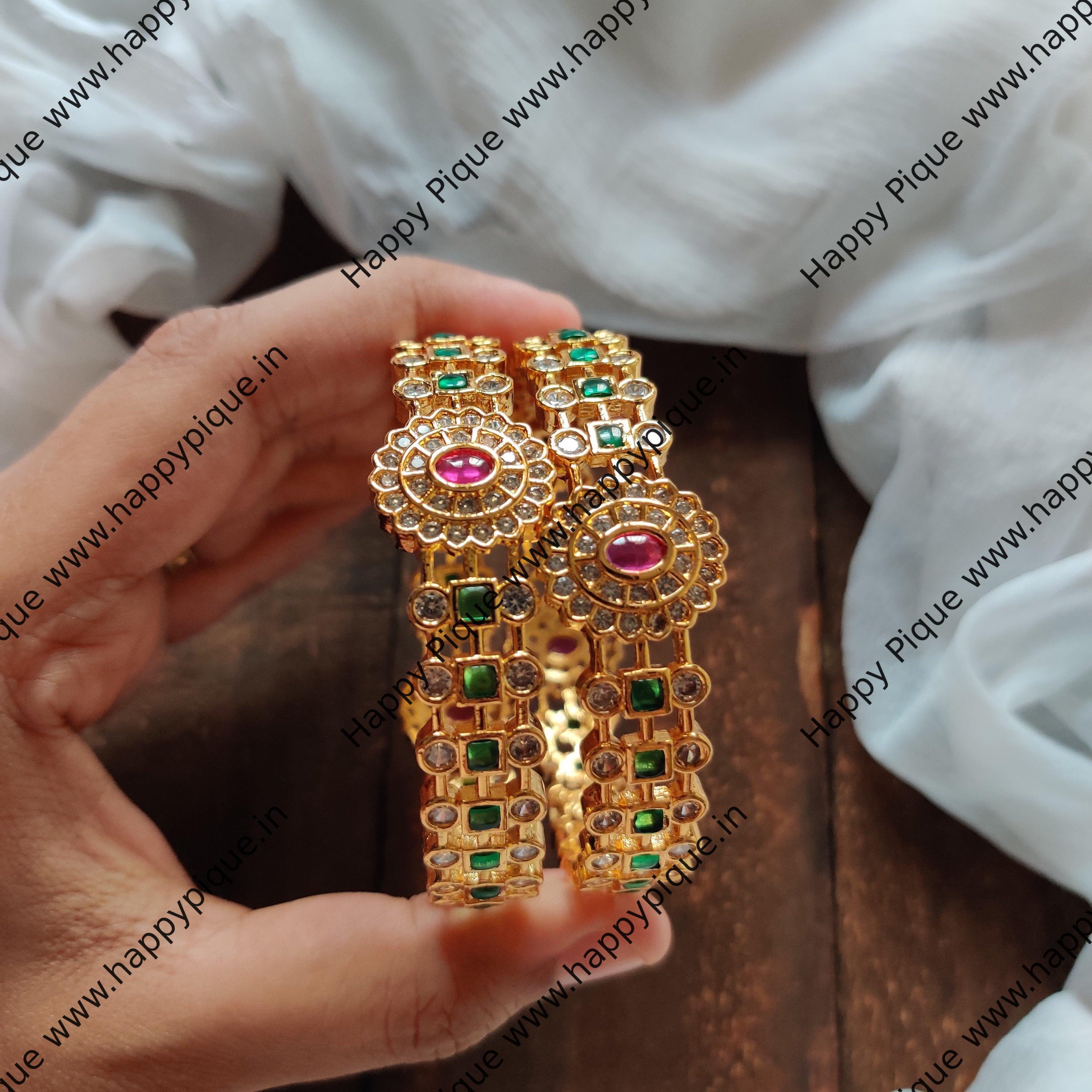 Real Kemp Gold Finish & AD Stone Bangles - Green & Rani