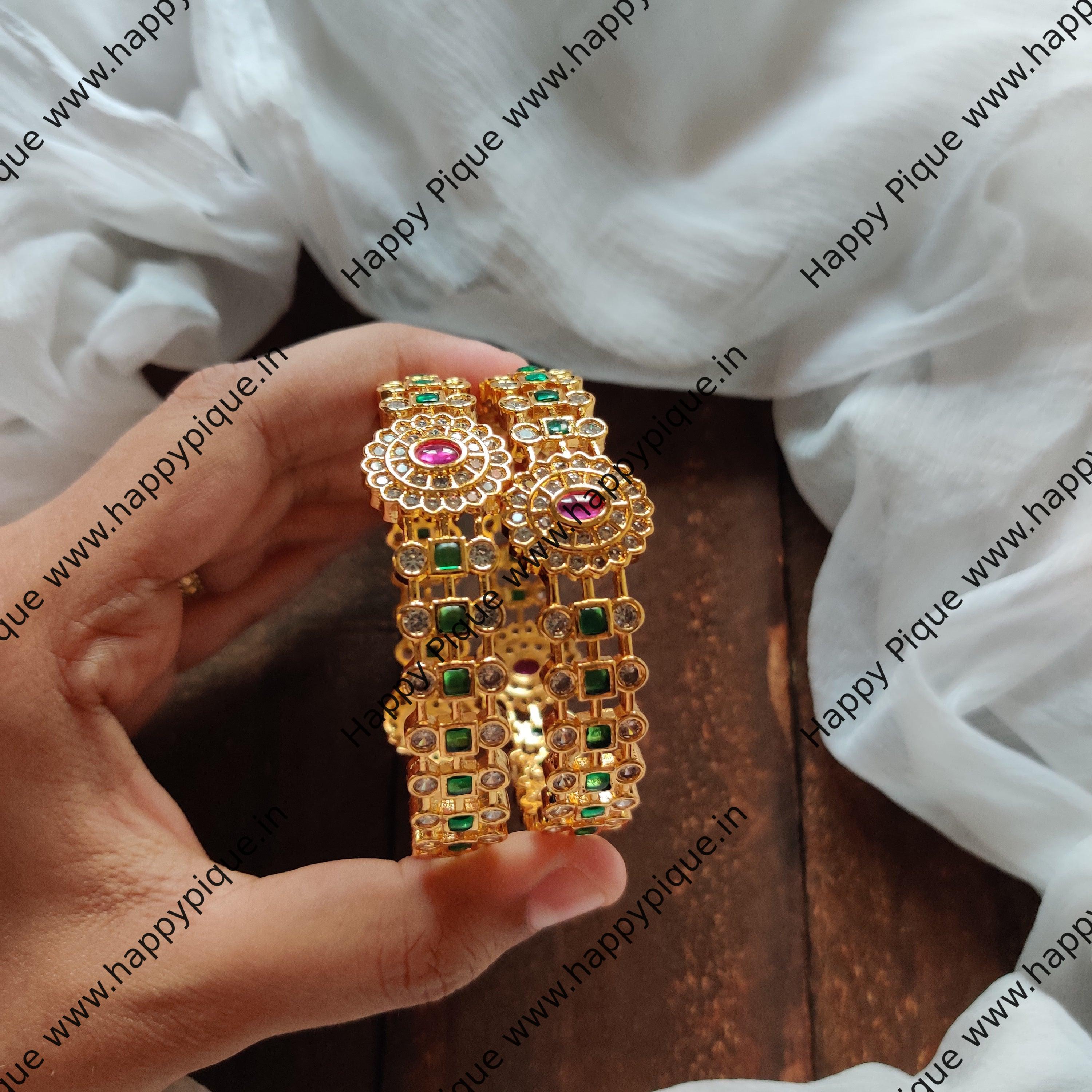 Real Kemp Gold Finish & AD Stone Bangles - Green & Rani