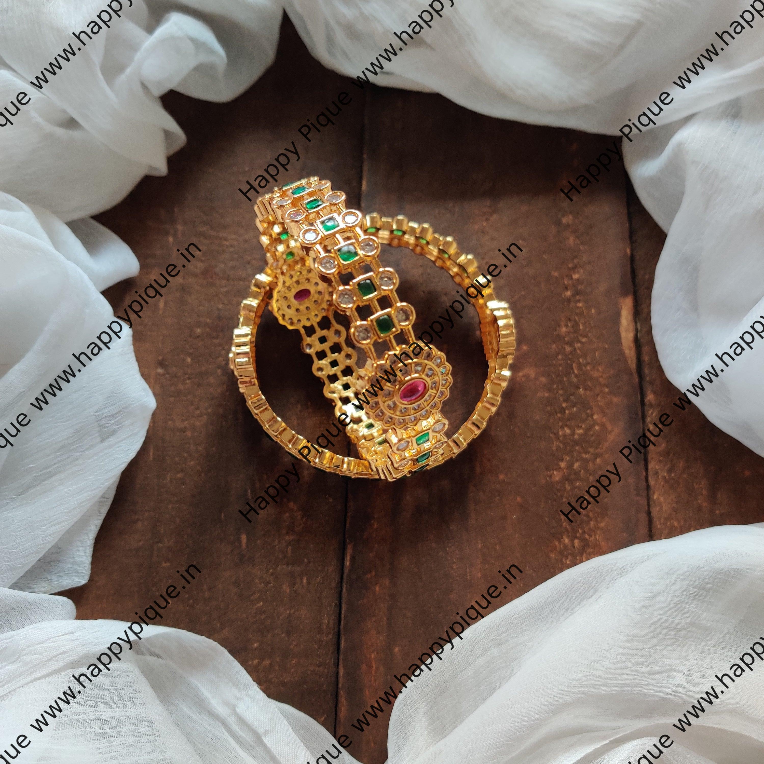 Real Kemp Gold Finish & AD Stone Bangles - Green & Rani