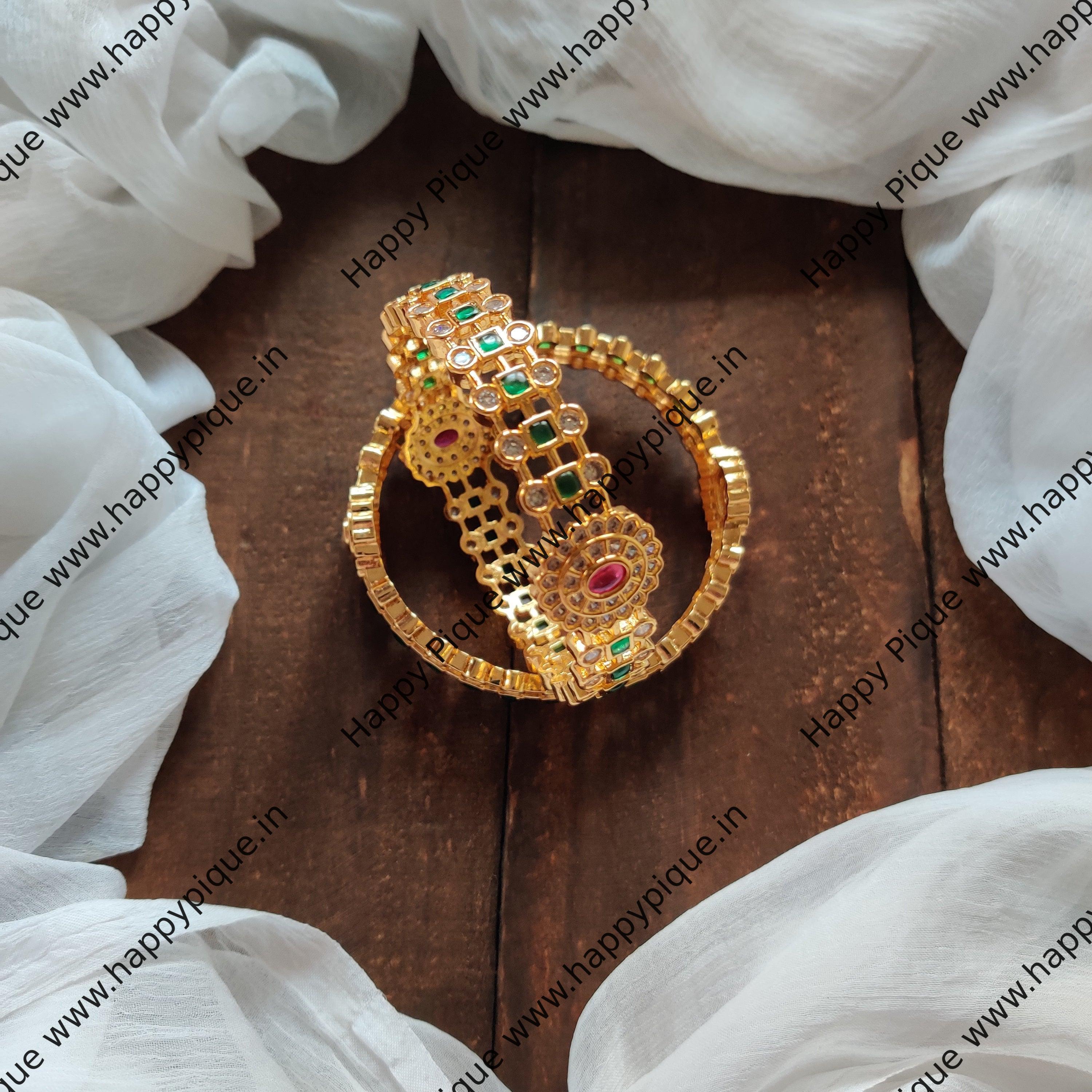 Real Kemp Gold Finish & AD Stone Bangles - Green & Rani