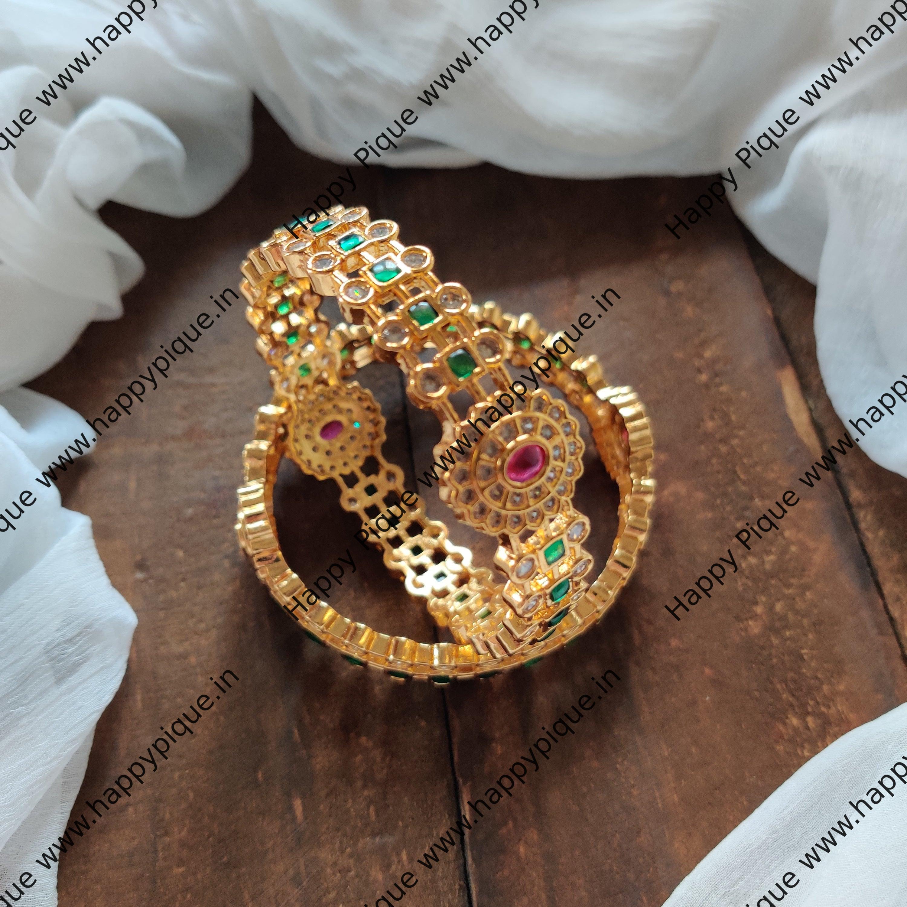 Real Kemp Gold Finish & AD Stone Bangles - Green & Rani