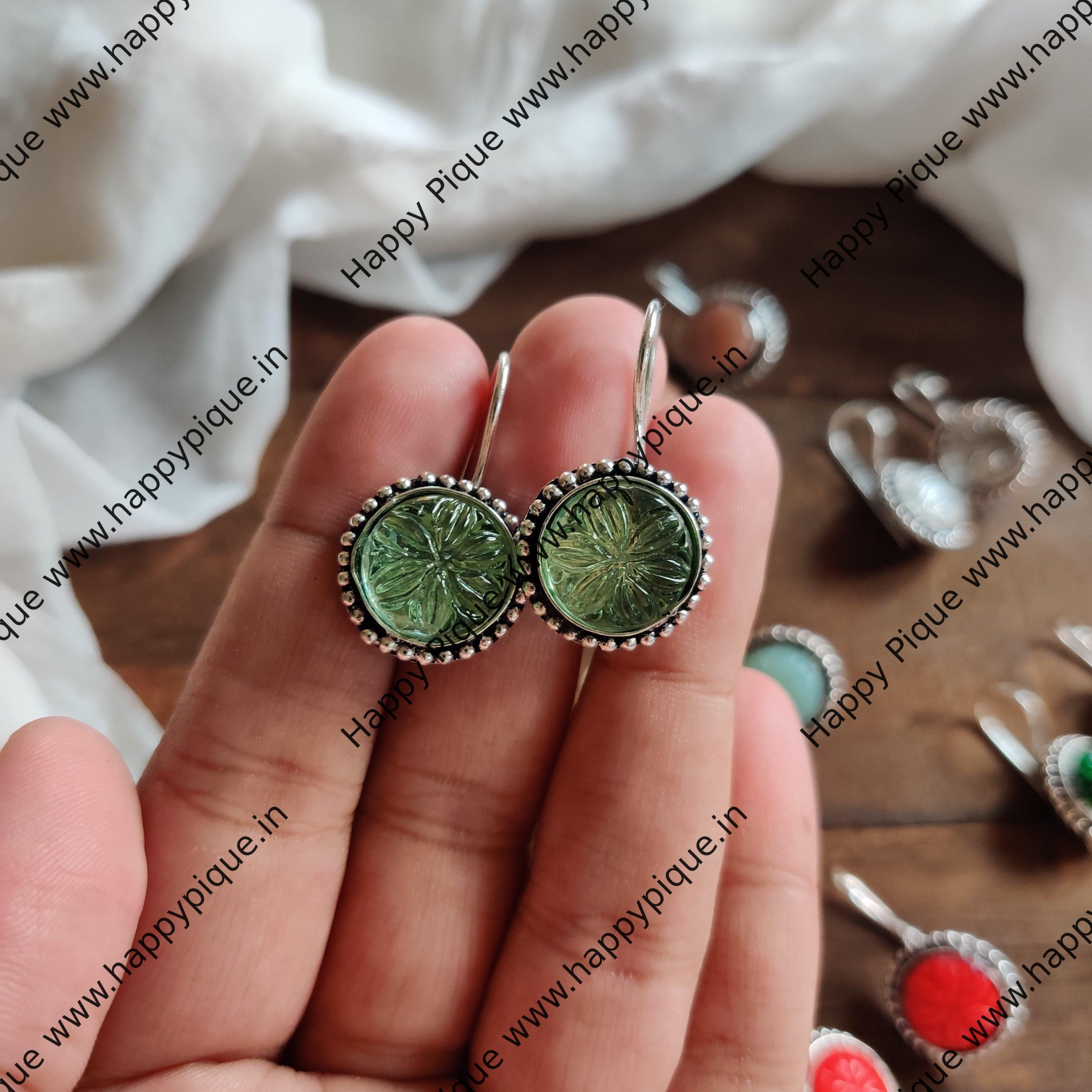 Silver Look Alike Carving Stone Hook Earrings Set - Gifting Earrings