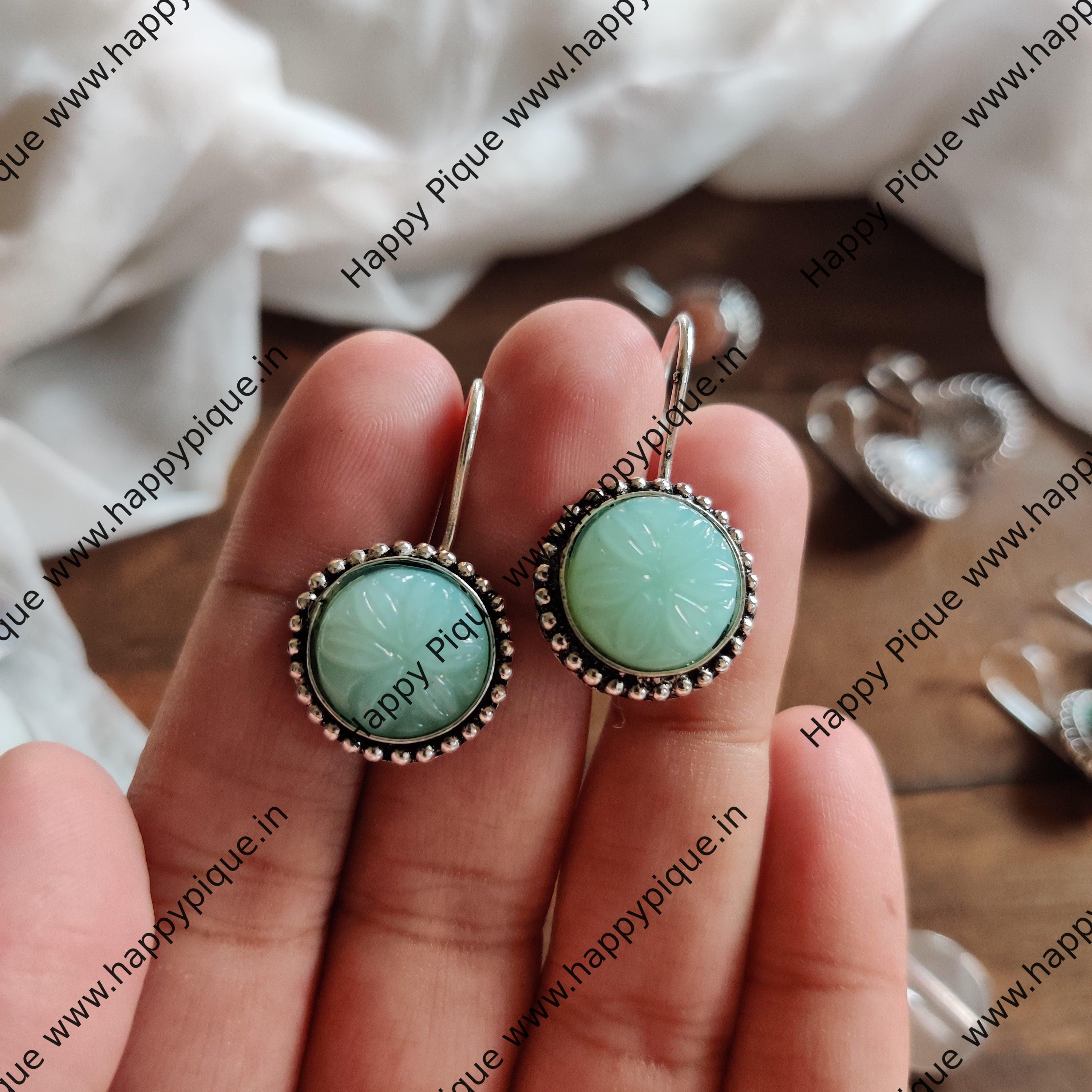 Silver Look Alike Carving Stone Hook Earrings Set - Gifting Earrings