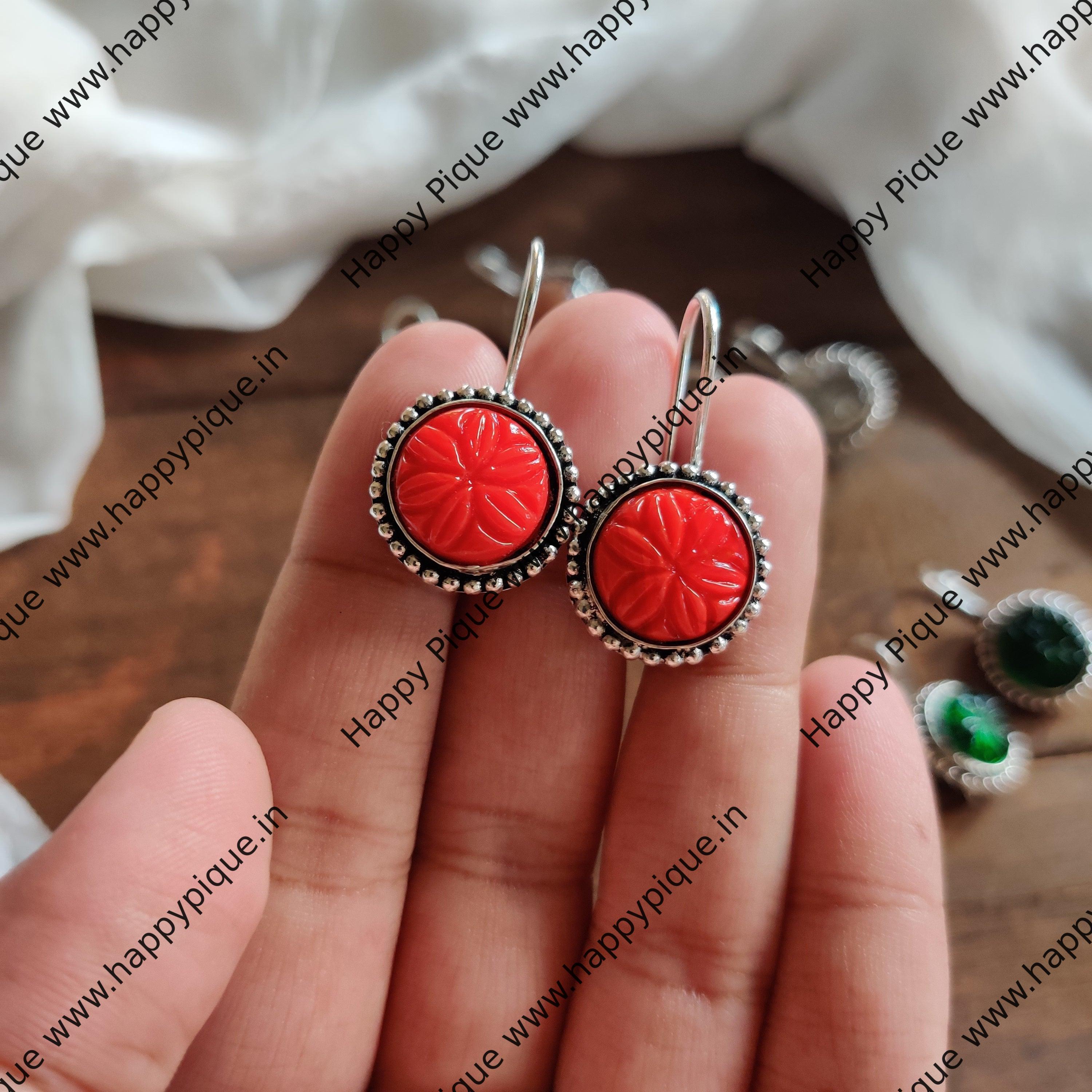 Silver Look Alike Carving Stone Hook Earrings Set - Gifting Earrings