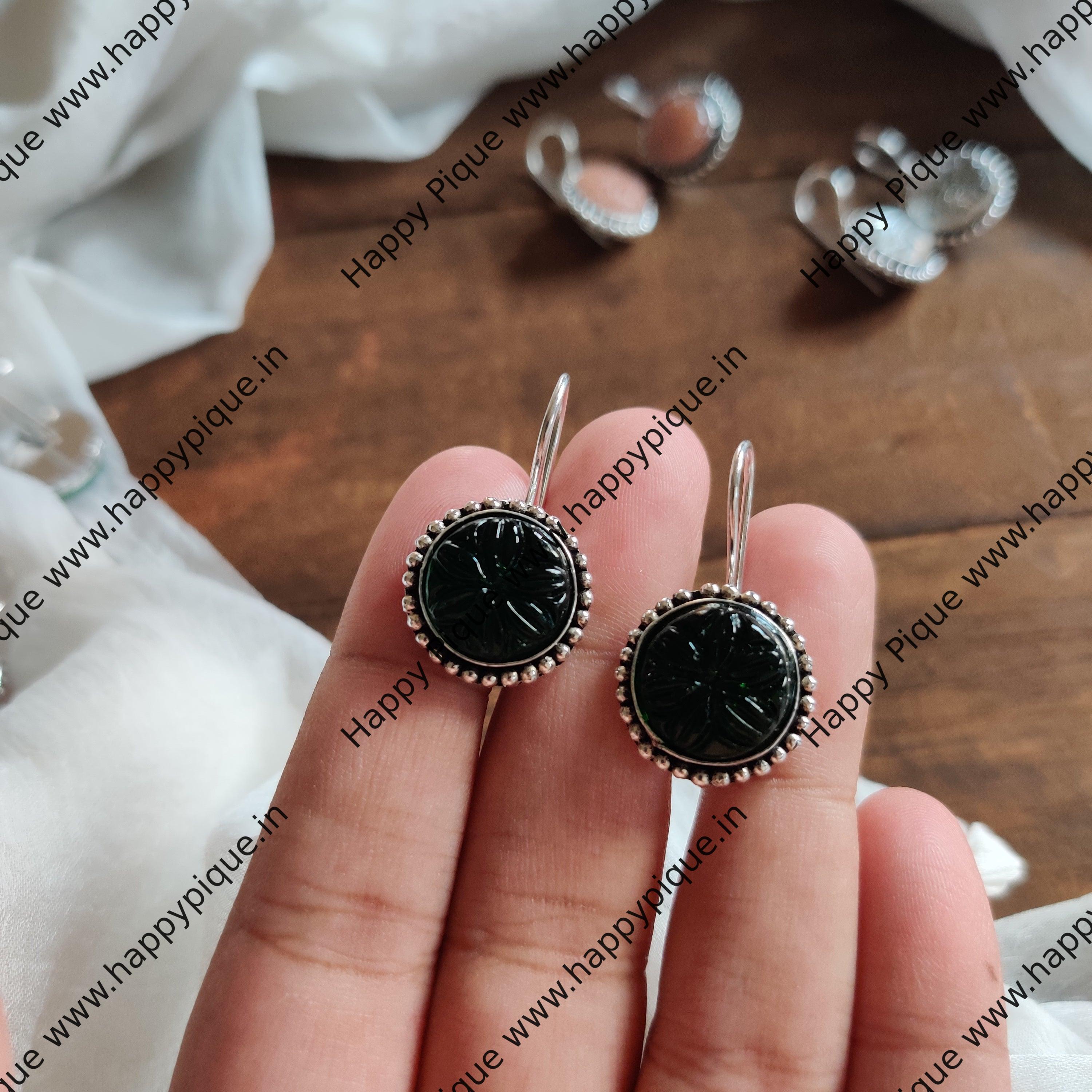 Silver Look Alike Carving Stone Hook Earrings Set - Gifting Earrings