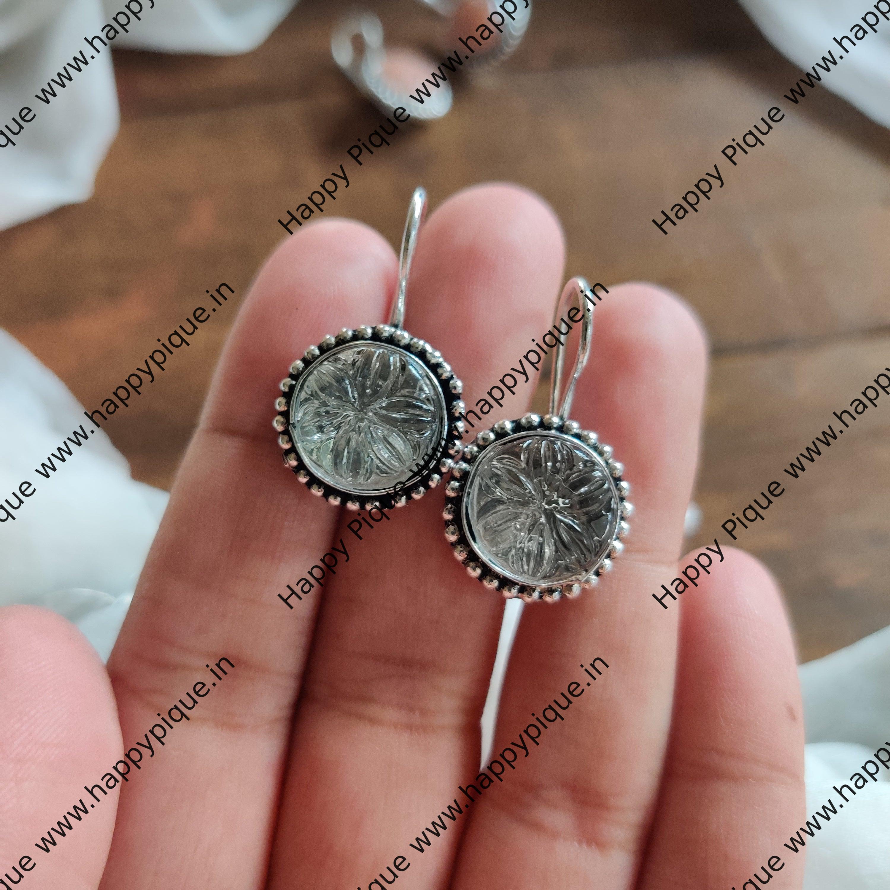 Silver Look Alike Carving Stone Hook Earrings Set - Gifting Earrings