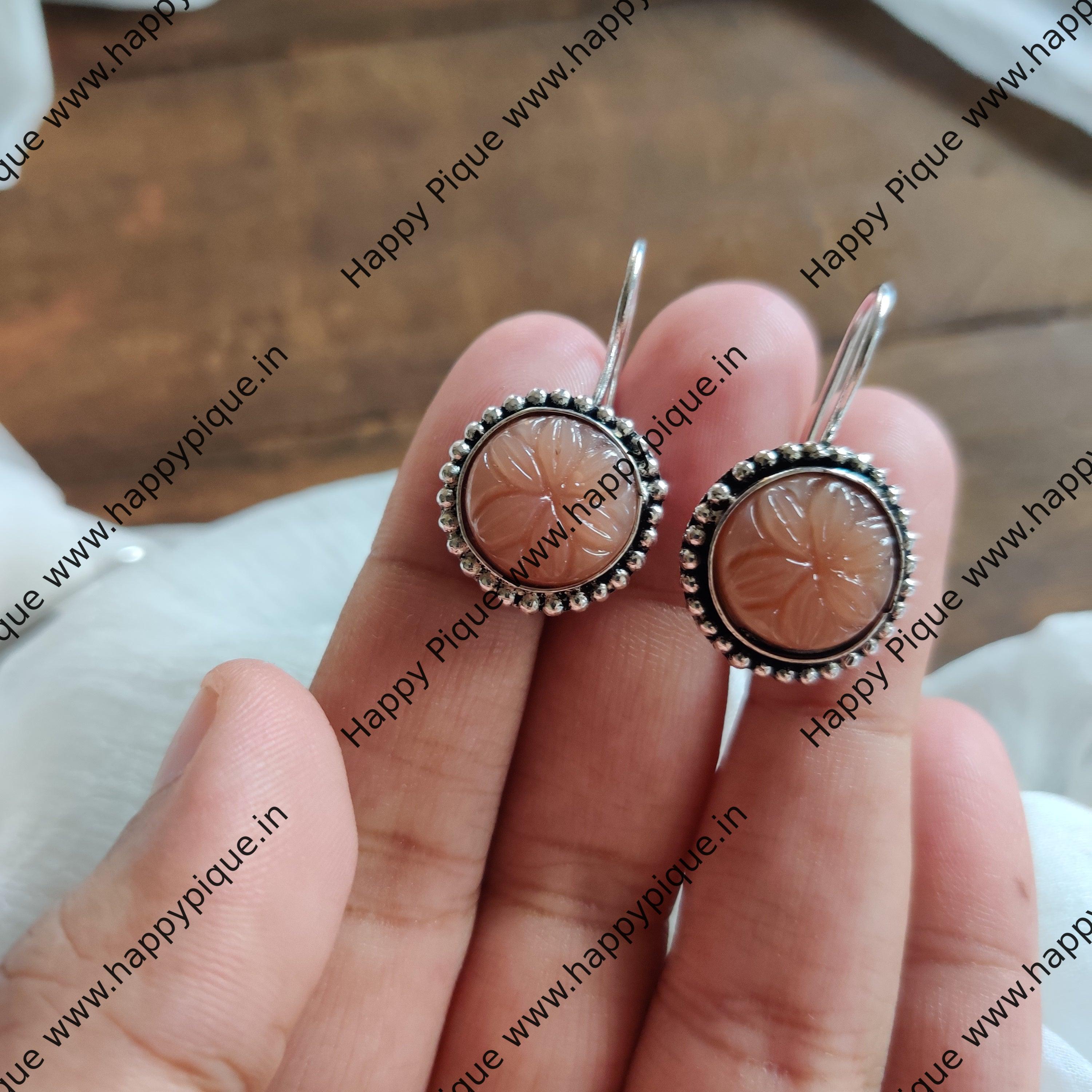 Silver Look Alike Carving Stone Hook Earrings Set - Gifting Earrings