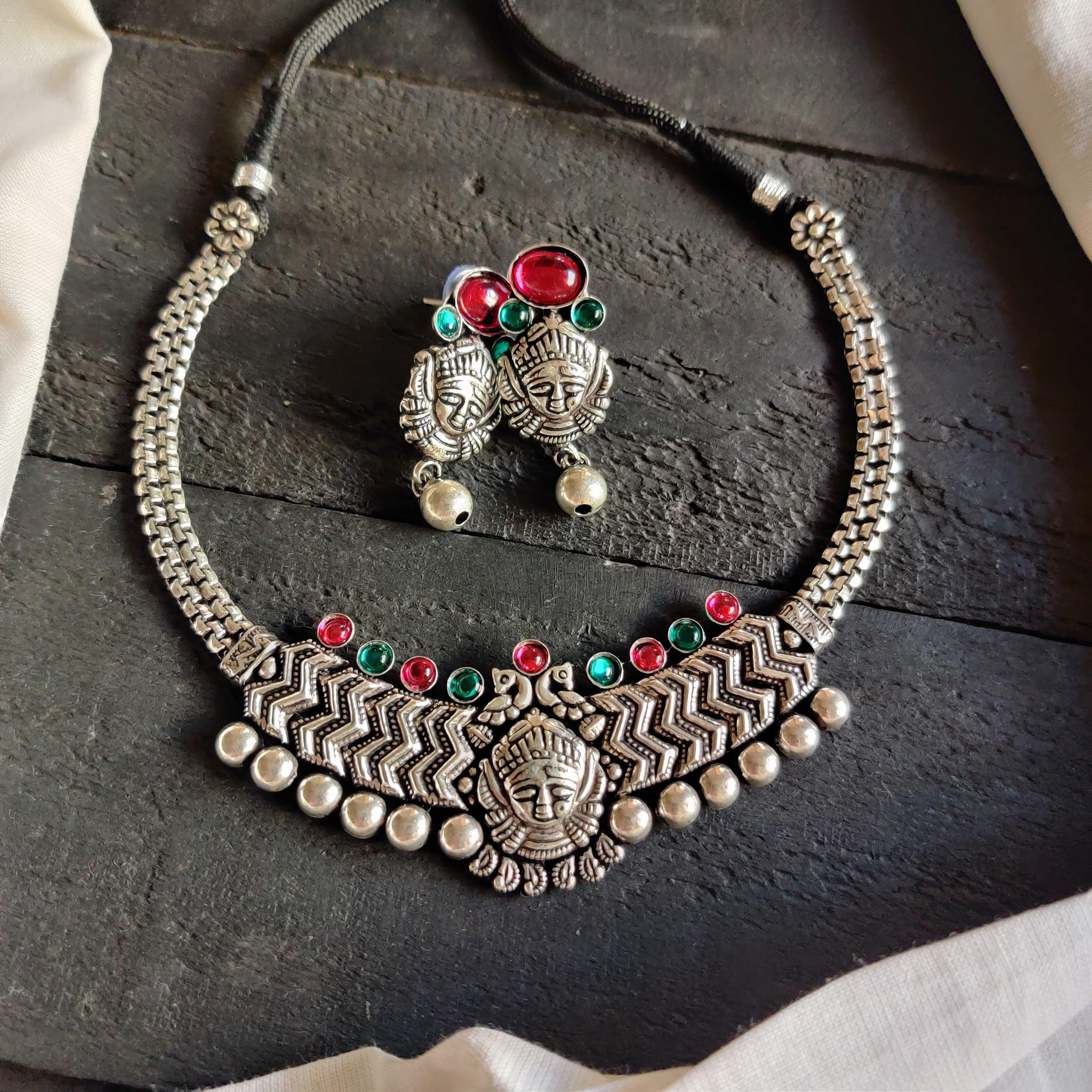 Kemp Stones Kolhapuri Durga Maa Choker German Silver Necklace Set