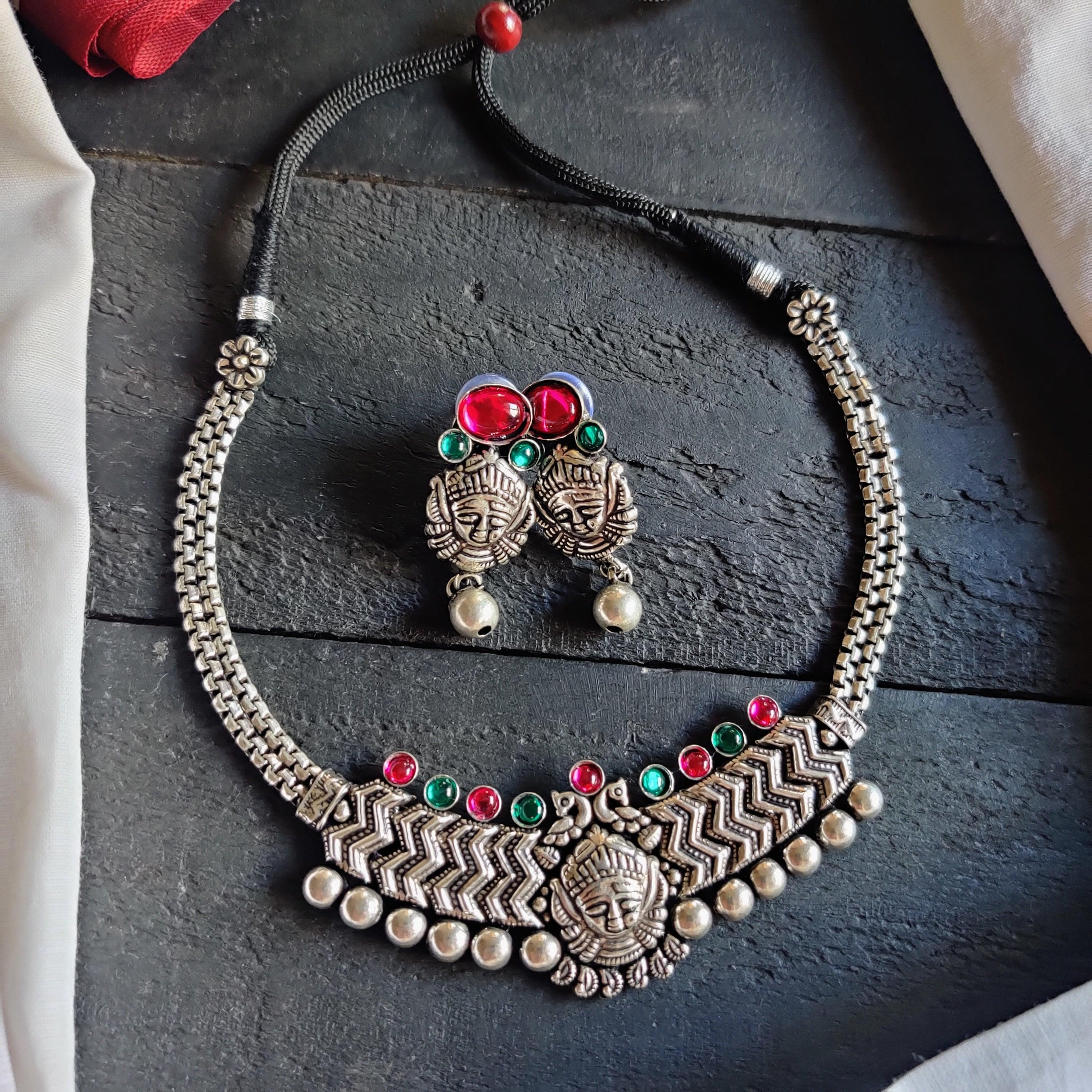 Kemp Stones Kolhapuri Durga Maa Choker German Silver Necklace Set