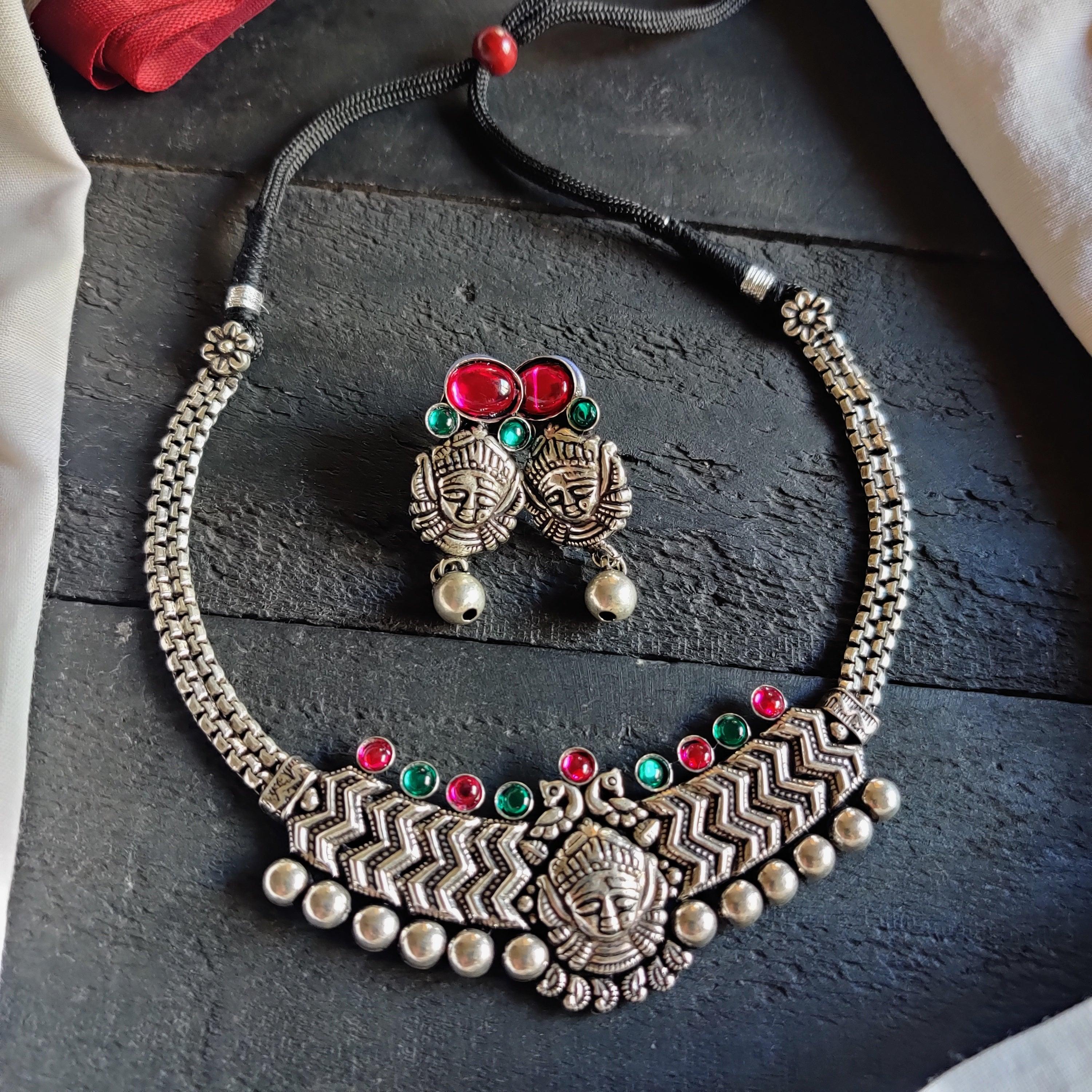 Kemp Stones Kolhapuri Durga Maa Choker German Silver Necklace Set