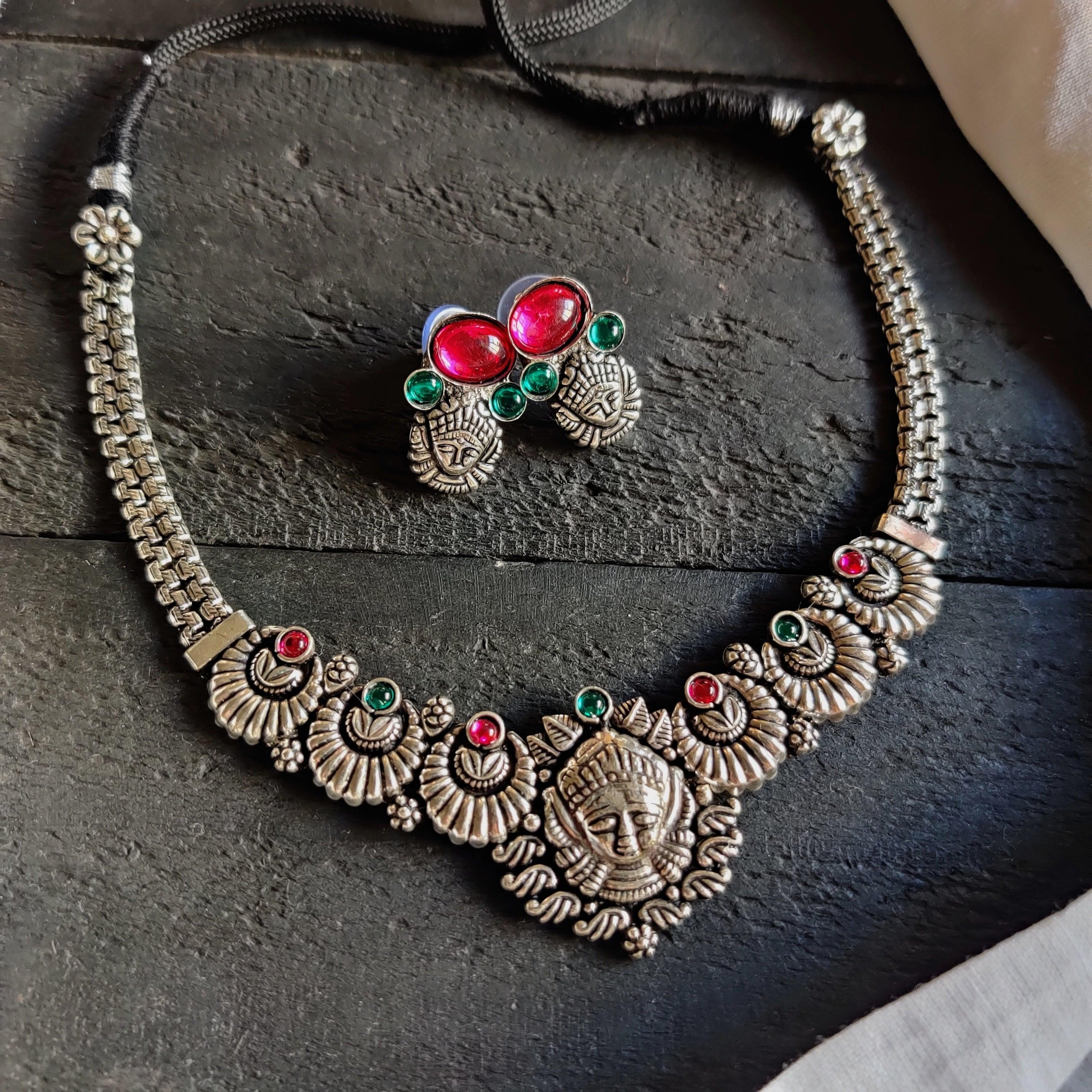 Kemp Stones Kolhapuri Durga Maa Choker German Silver Necklace Set