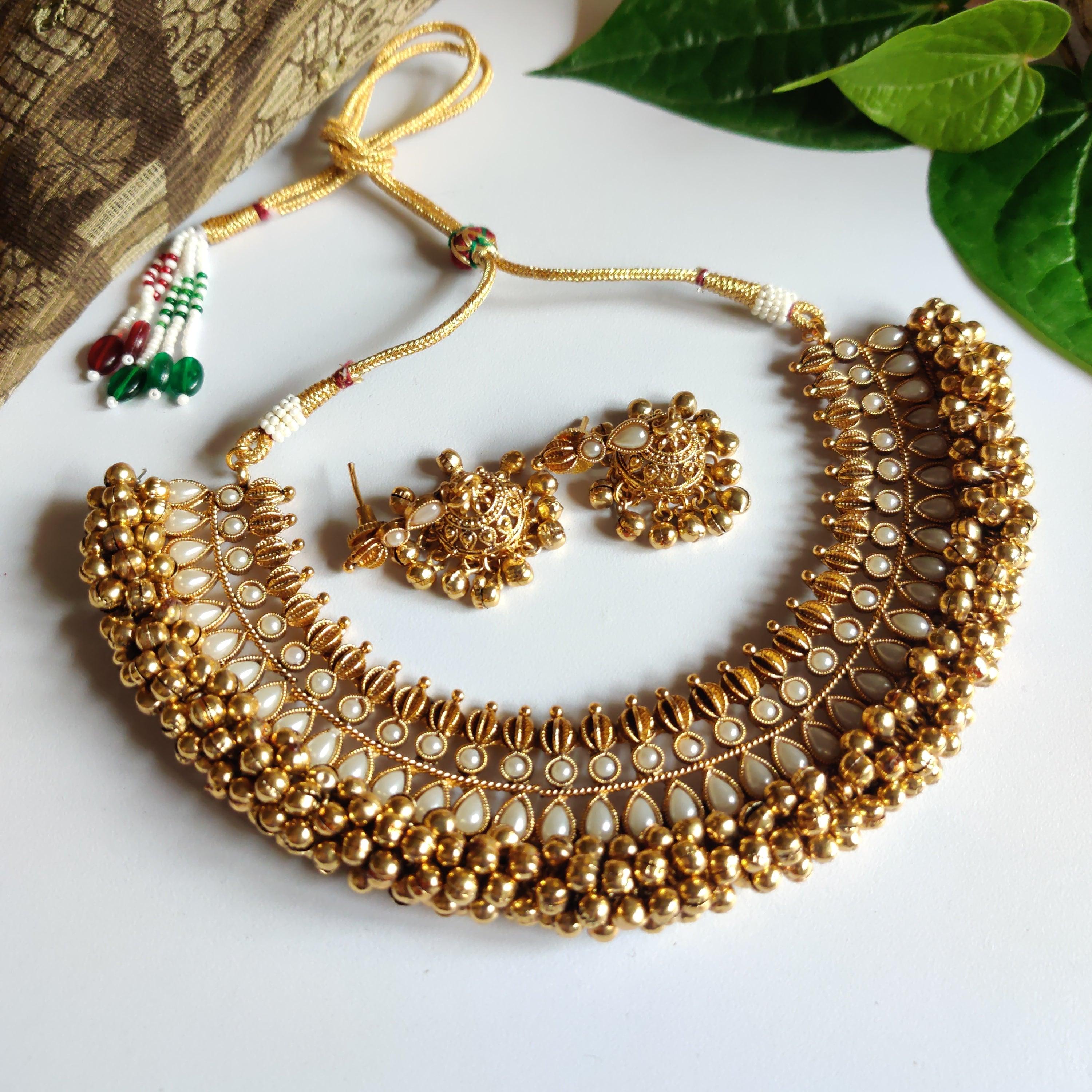 Antique Gold Ghungroo Necklace Set - Pearl - Happy Pique