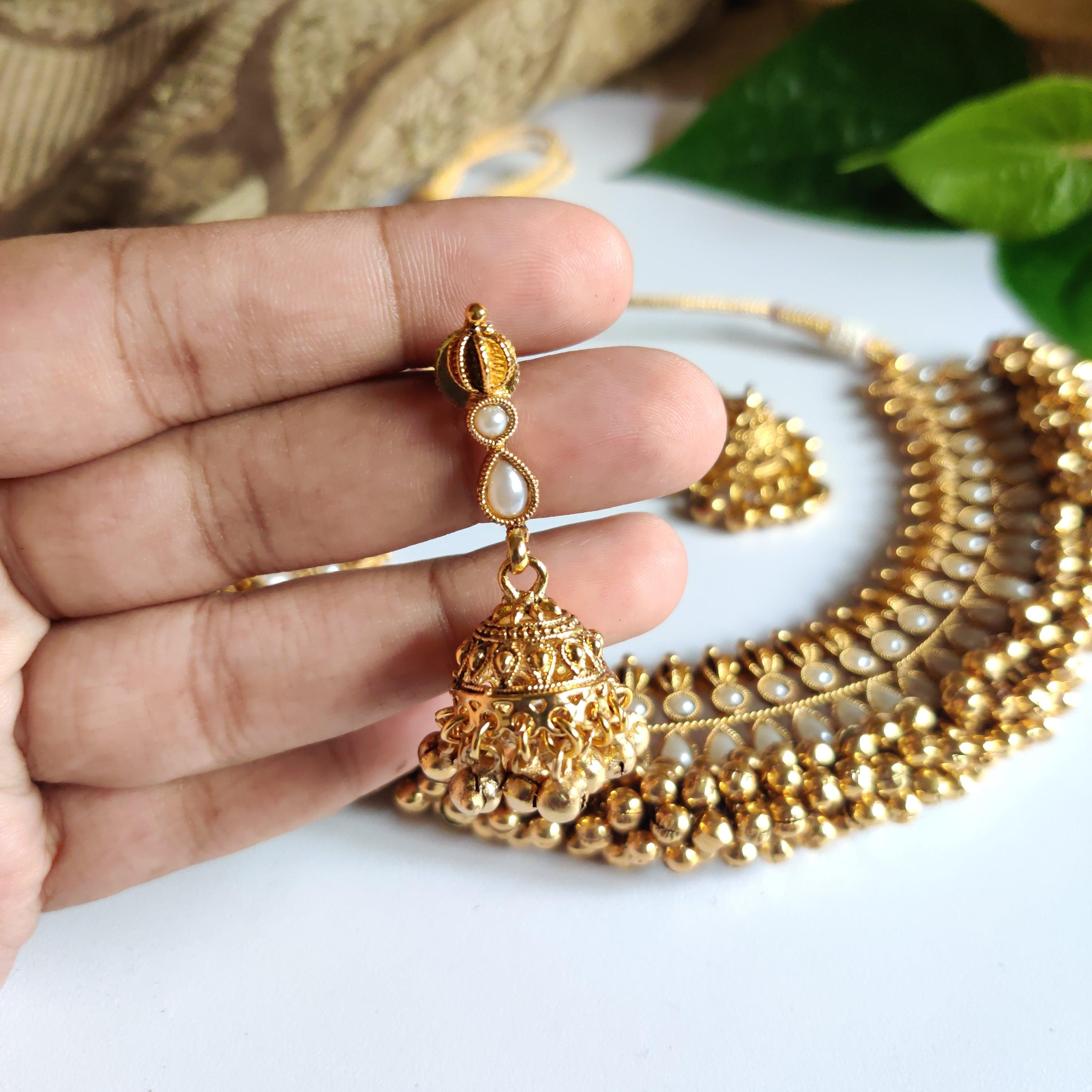 Antique Gold Ghungroo Necklace set - Pearl - Happy Pique