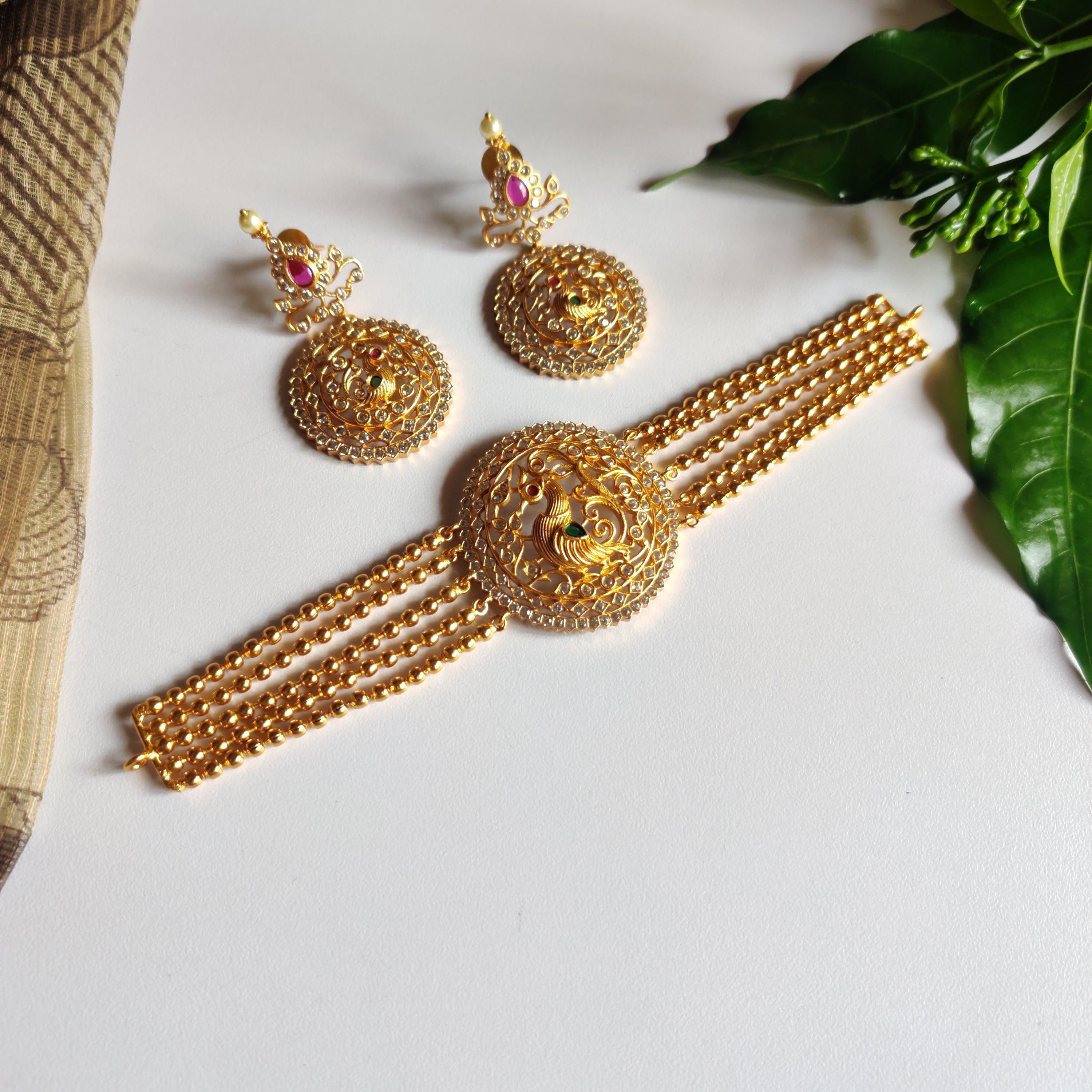 Gold Finish Peacock High Neck Choker - Happy Pique