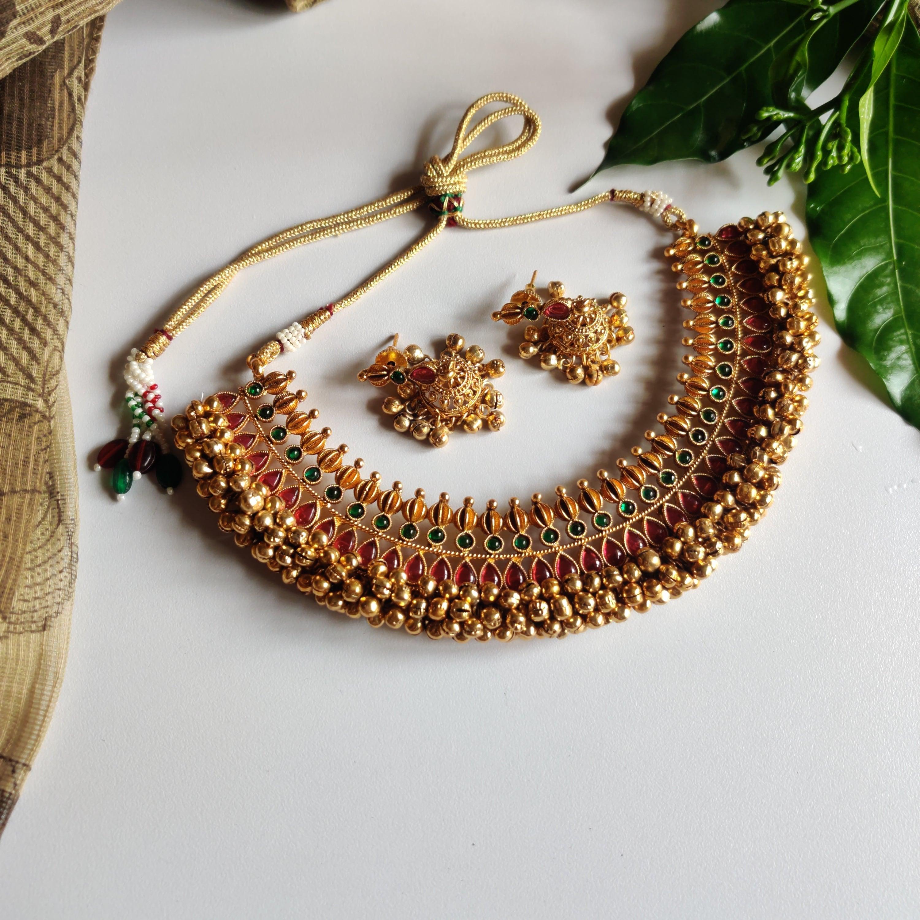 Antique Gold Ghungroo Necklace - Red & Green - Happy Pique