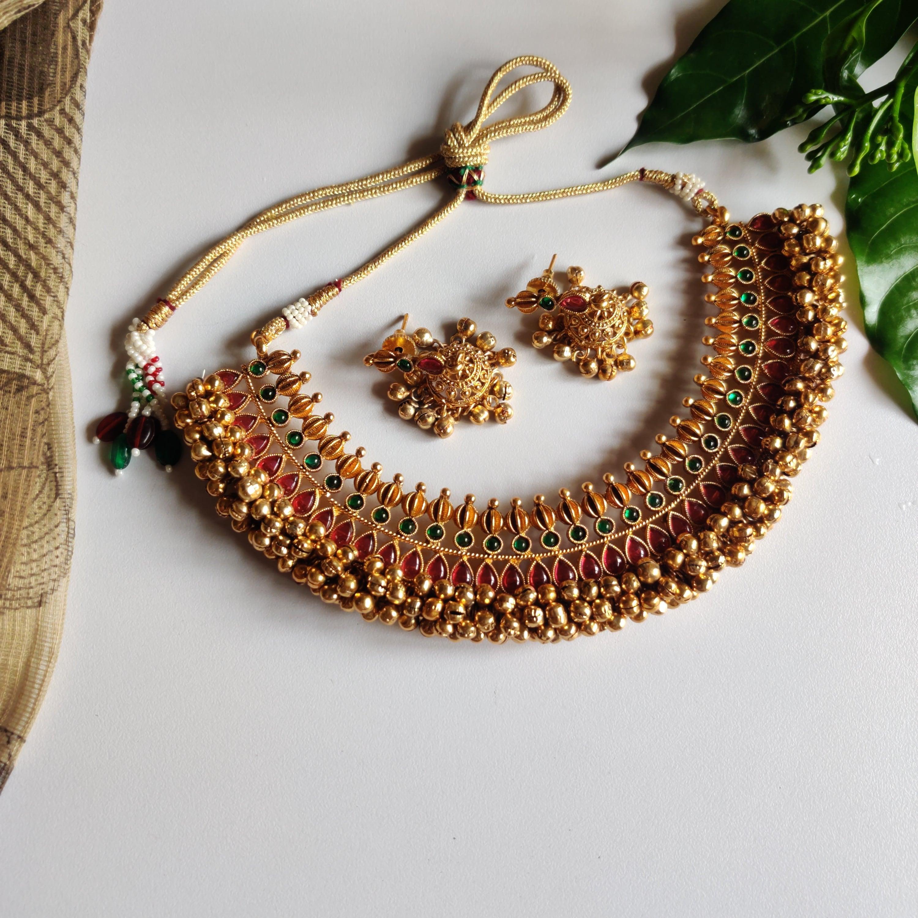 Antique Gold Ghungroo Necklace - Red & Green - Happy Pique