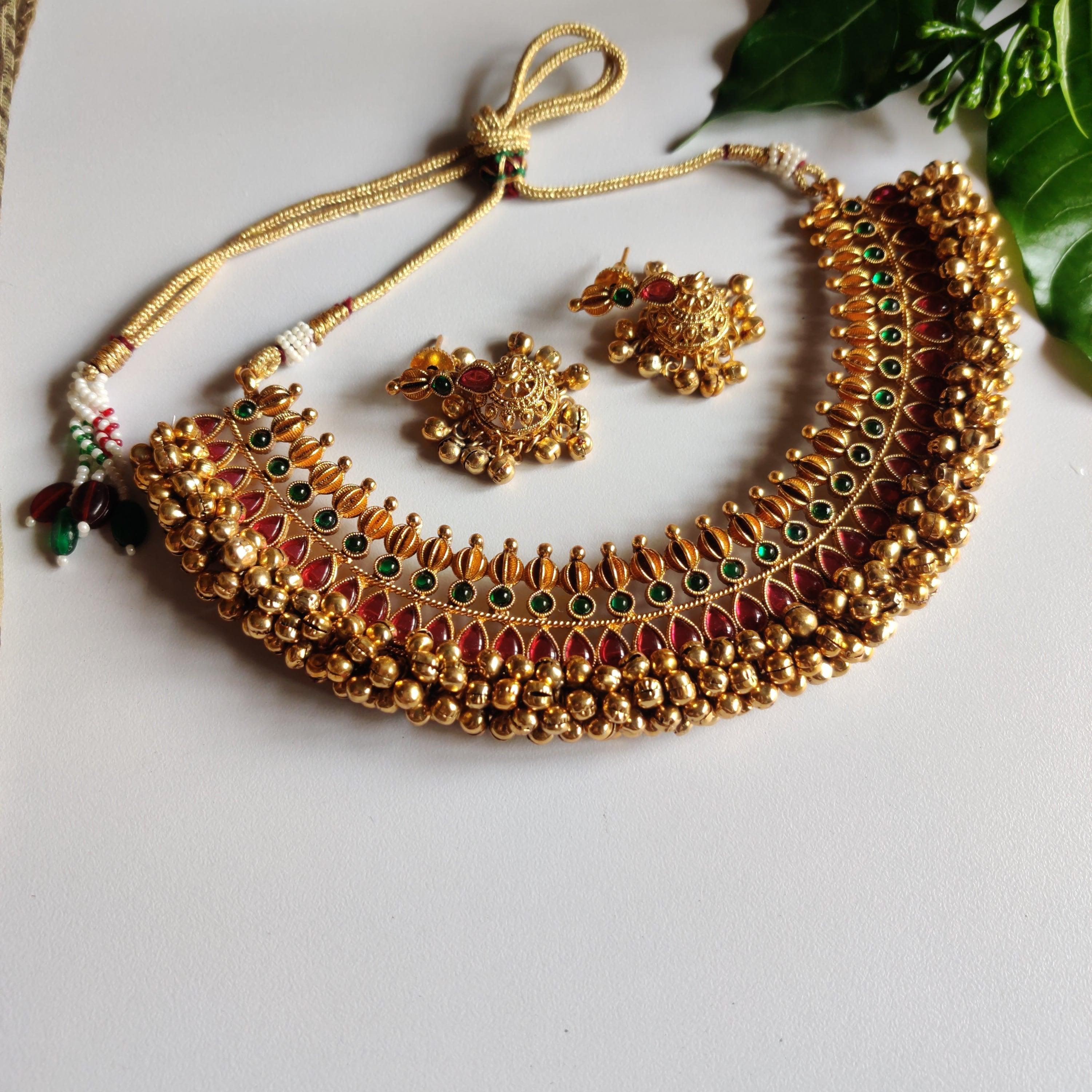 Antique Gold Ghungroo Necklace - Red & Green - Happy Pique