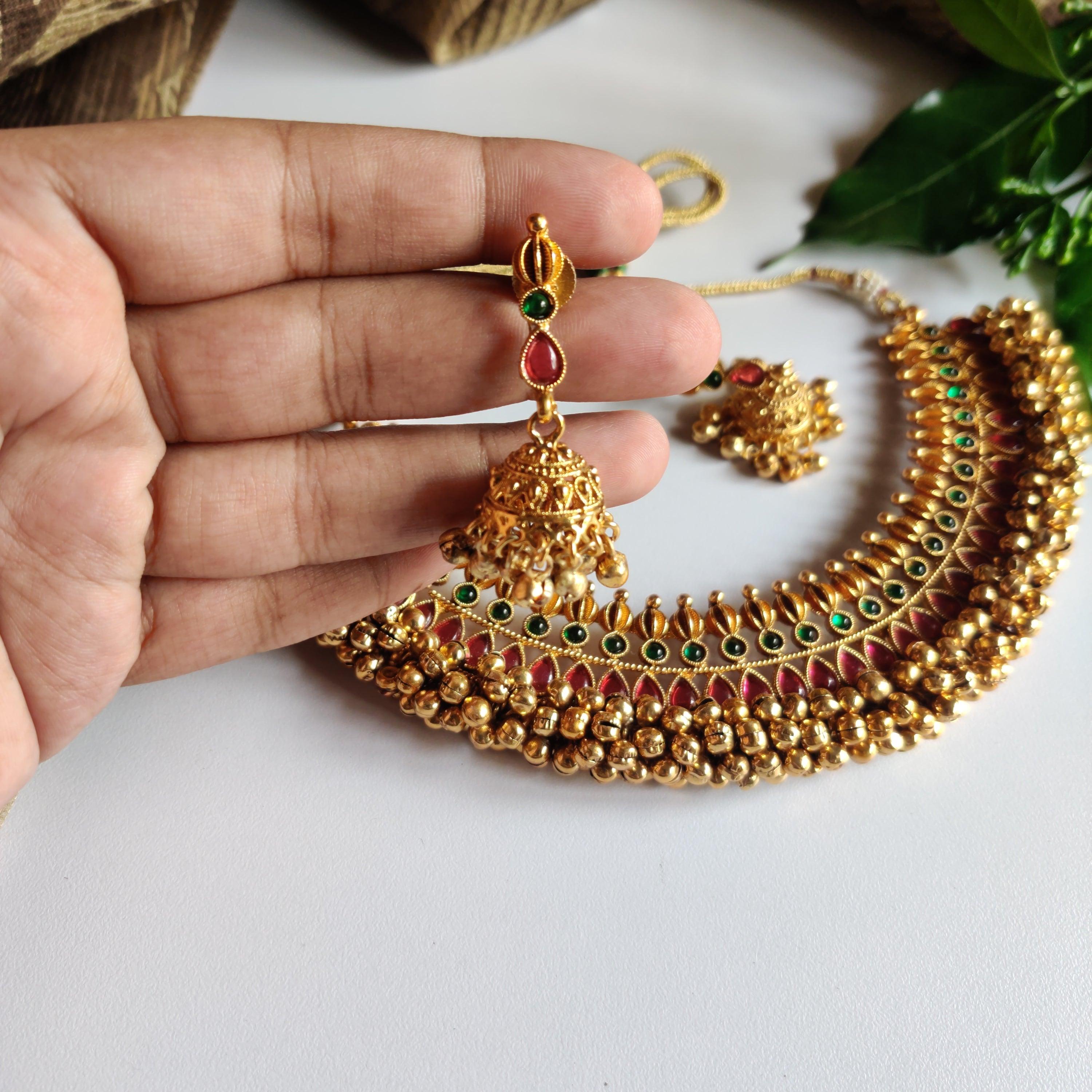 Antique Gold Ghungroo Necklace - Red & Green - Happy Pique