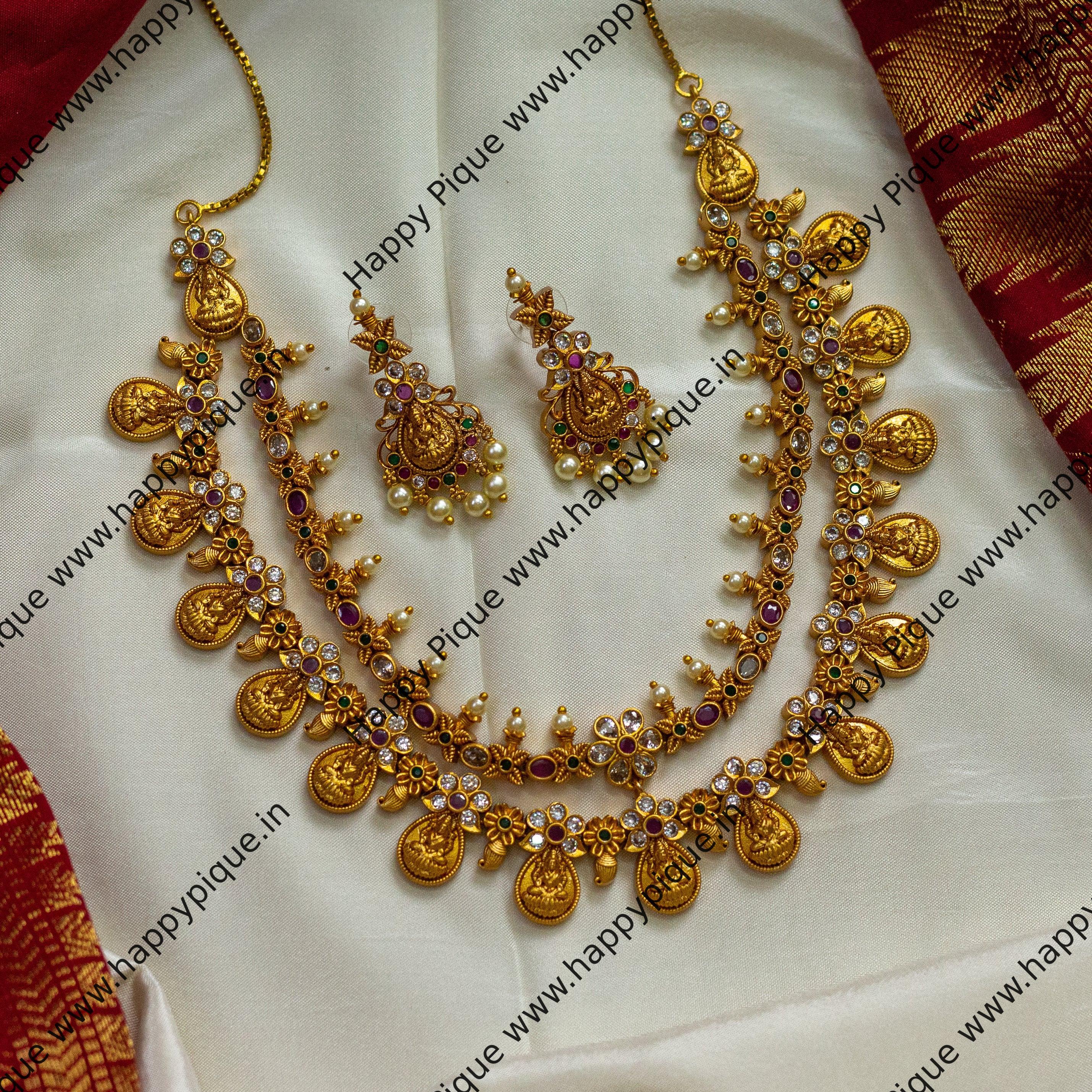 Two Line Real Kemp AD Lakshmi Kaasu Necklace Set