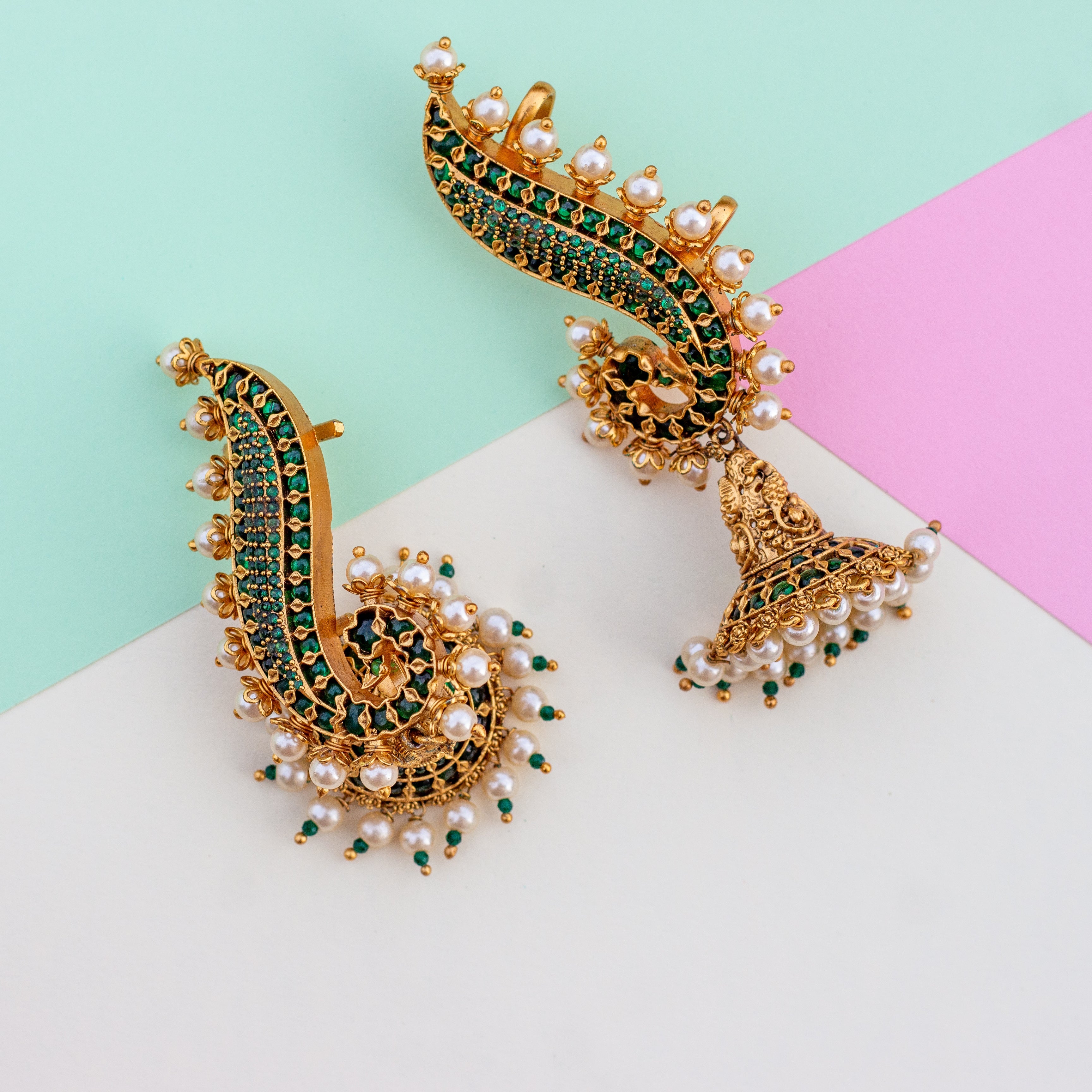 Nagas Real Kemp Peacock Earcuff Jhumkas