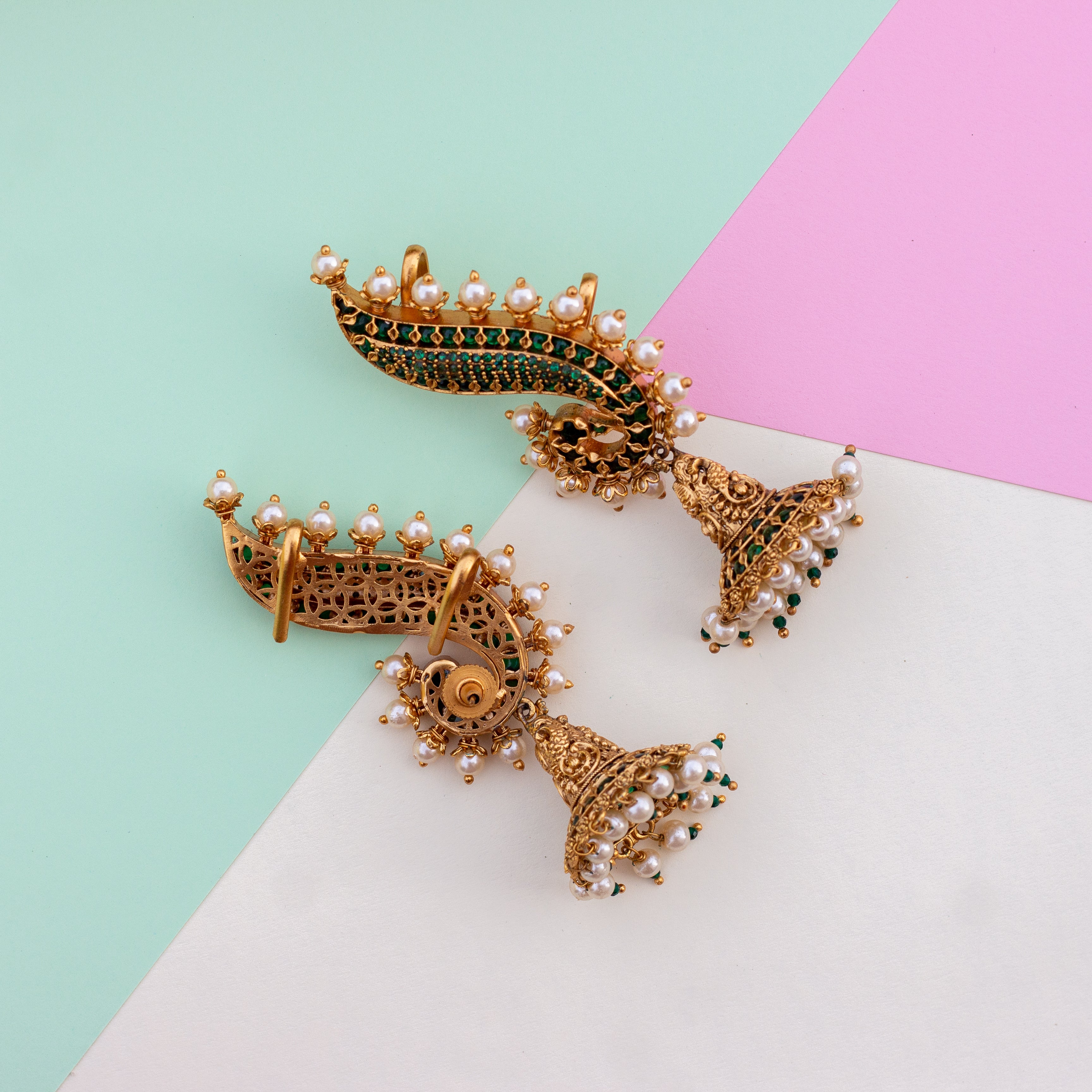 Nagas Real Kemp Peacock Earcuff Jhumkas