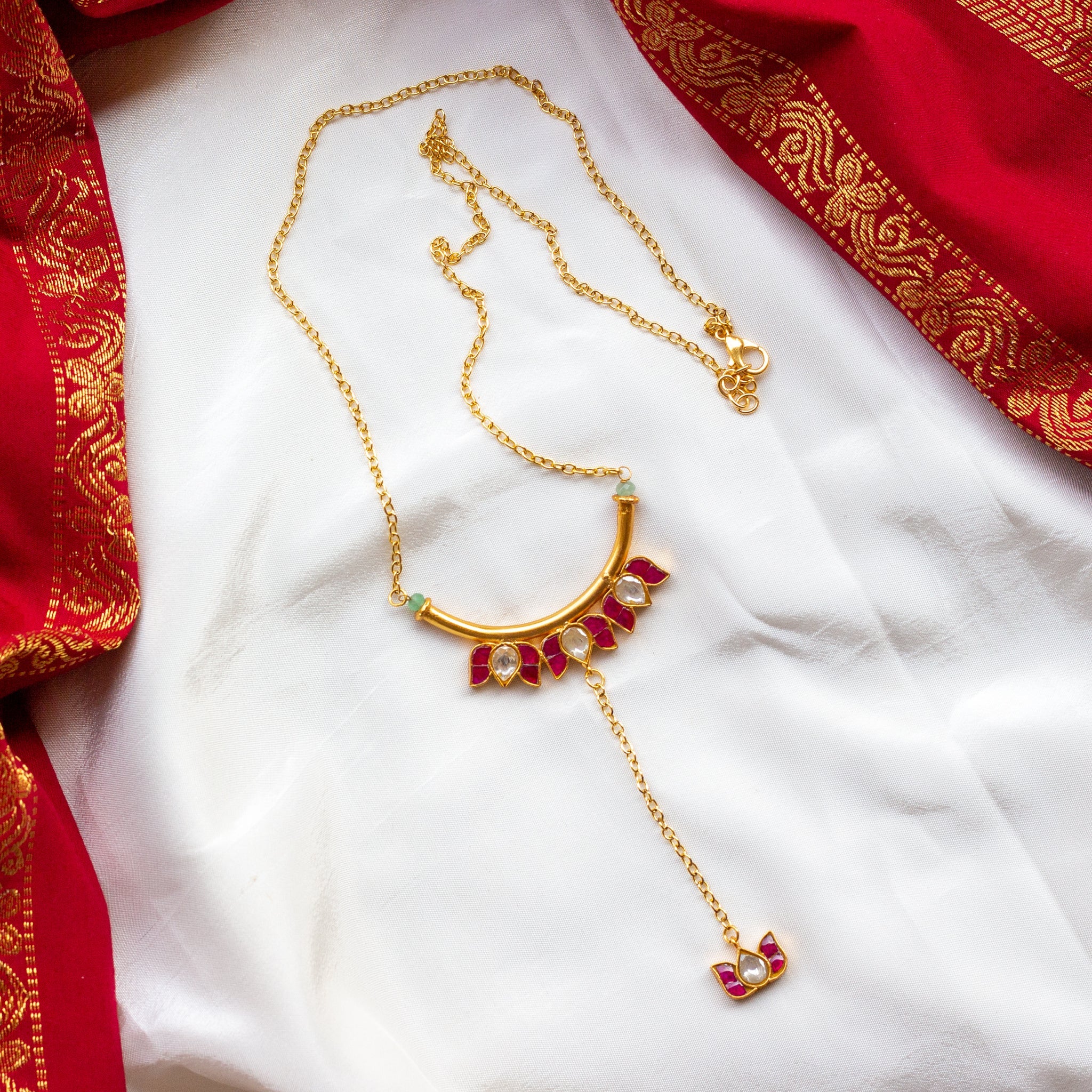 Lightweight Handmade Lotus Jadau Kundan Minimalistic Statement Pendant Chain