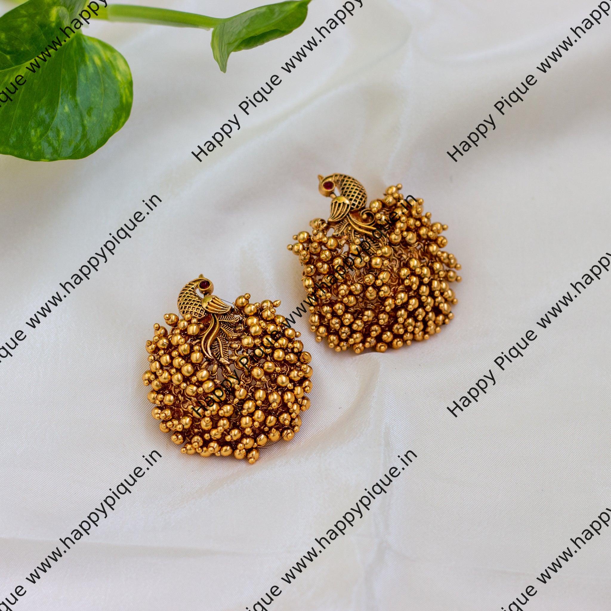 Premium Gold Beads Bunch Peacock Earrings