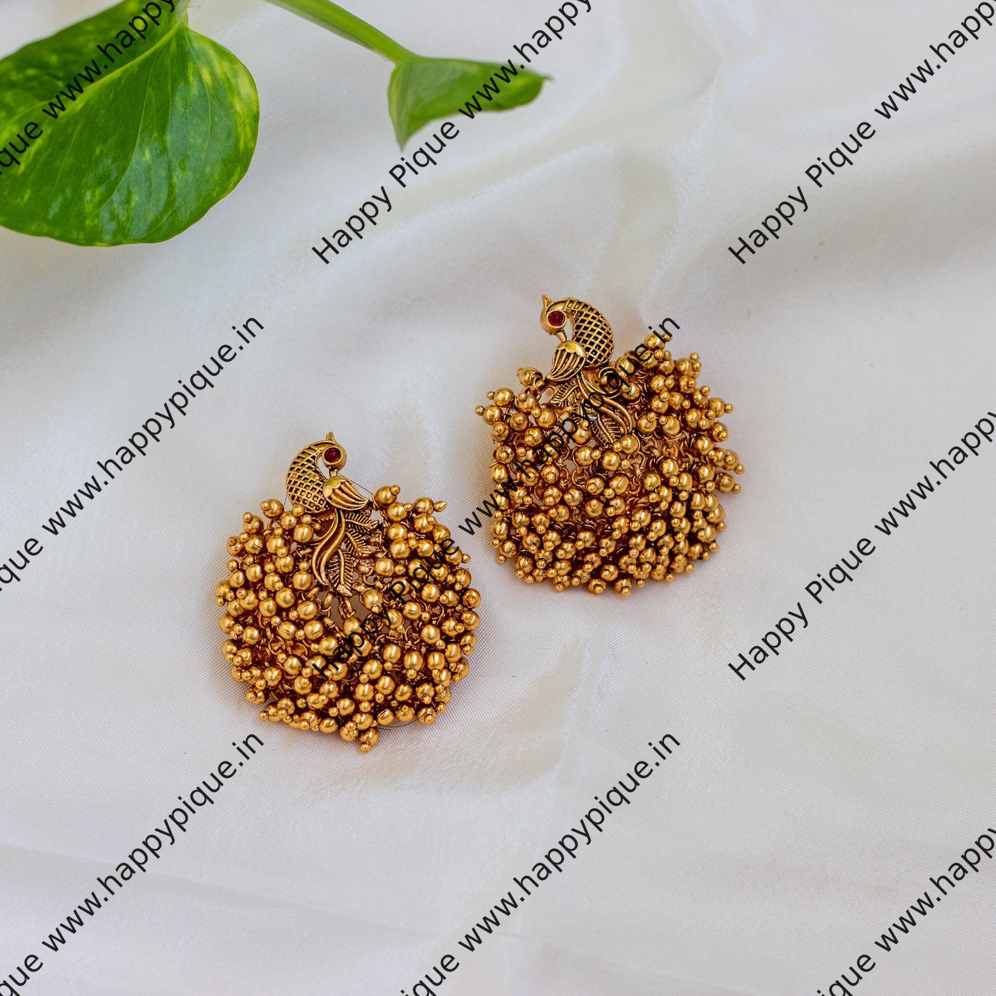 Premium Gold Beads Bunch Peacock Earrings