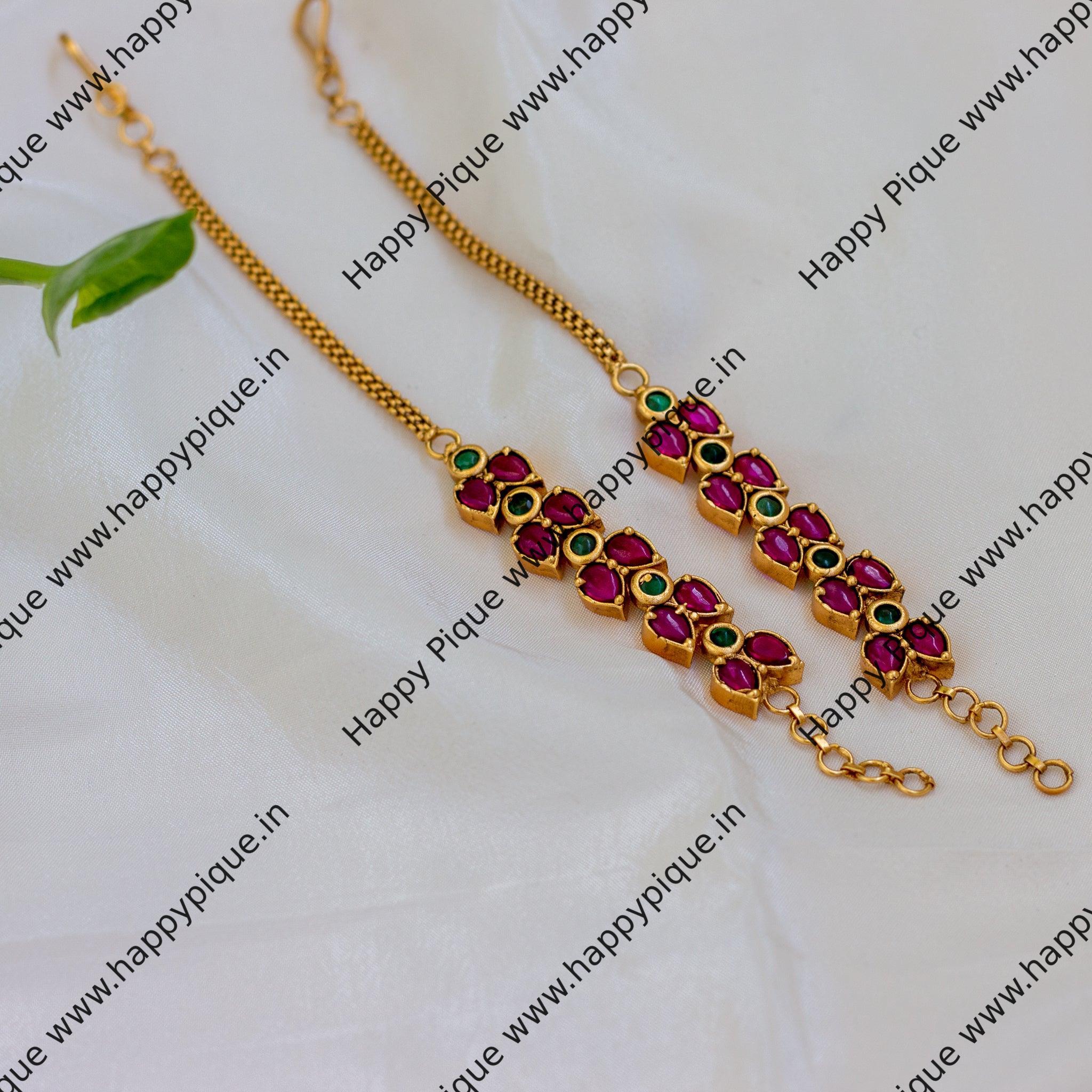 Premium Double Leaf Kemp Bridal Ear Chain / Maatal / Kaan Chain - Red with Green - MT002