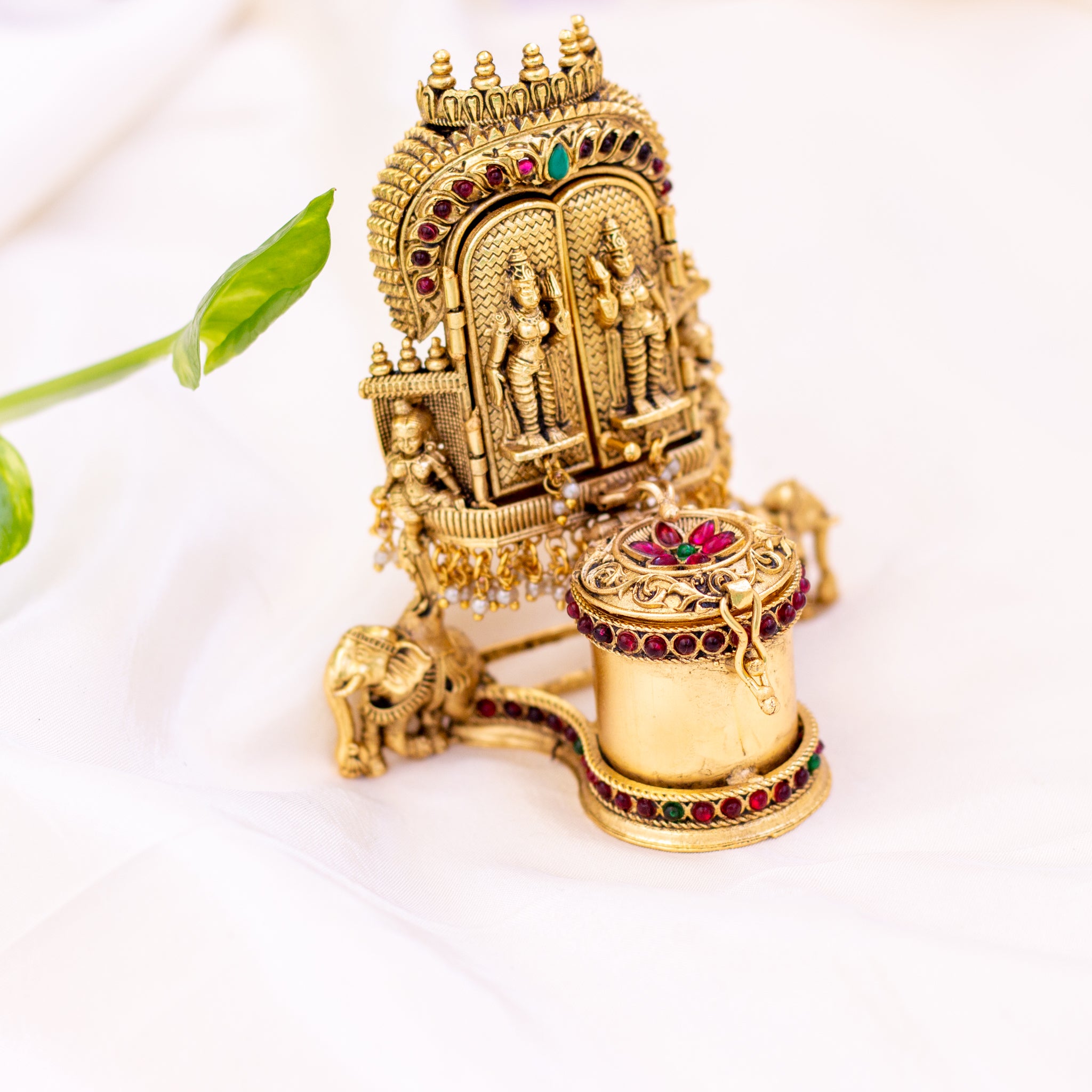Antique Gold Shiva Parvathi with Dwarapalakas Nakshi Design Kum Kum Box