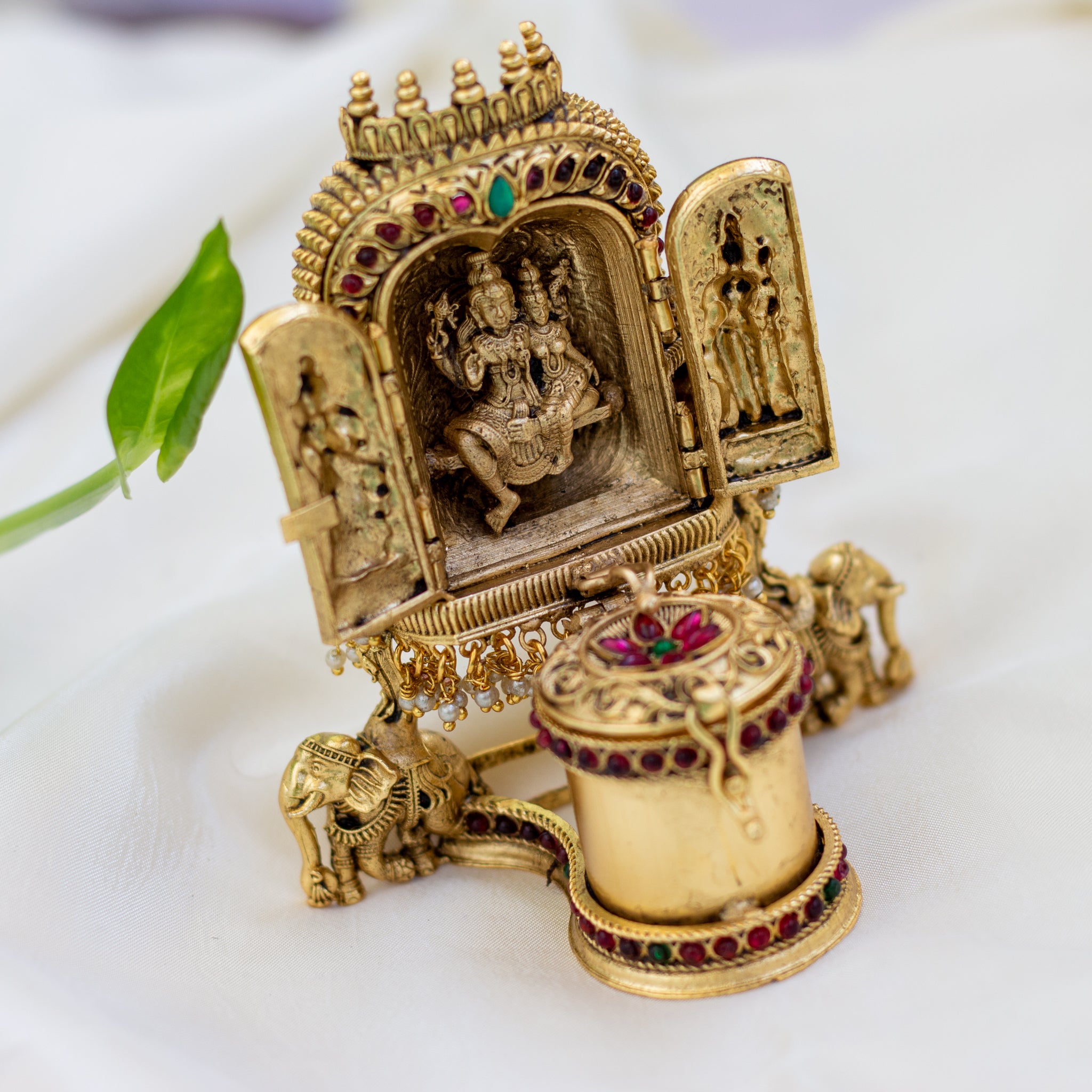 Antique Gold Shiva Parvathi with Dwarapalakas Nakshi Design Kum Kum Box