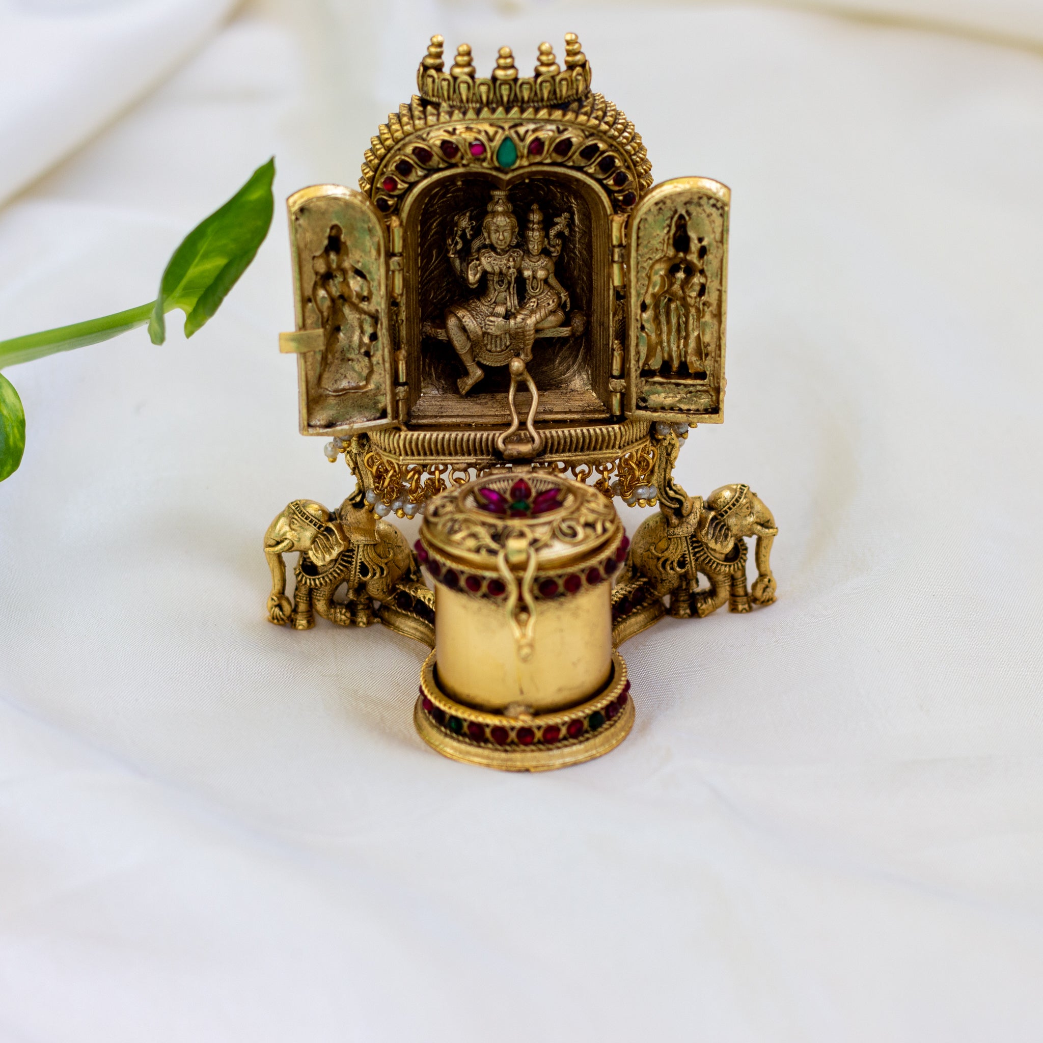 Antique Gold Shiva Parvathi with Dwarapalakas Nakshi Design Kum Kum Box