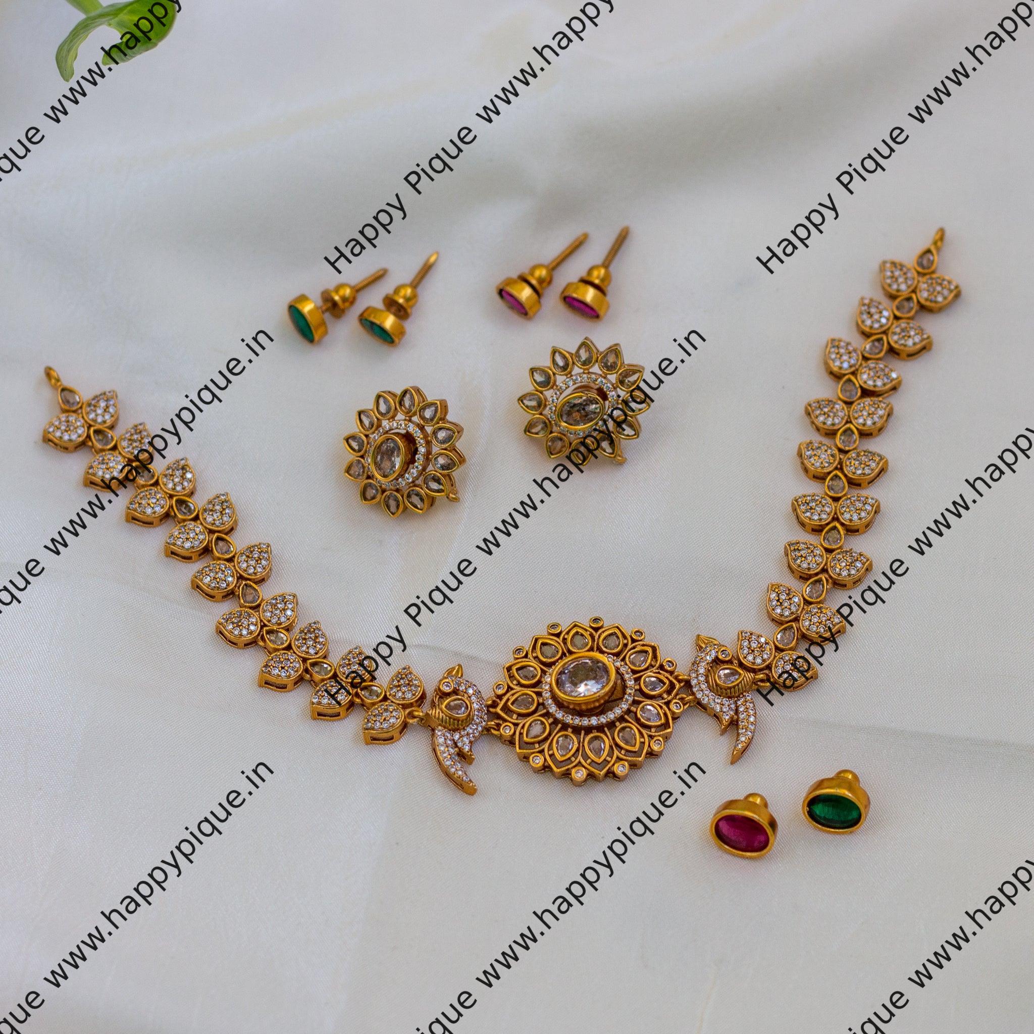 Two Leaf Design Stone Changeable Necklace Set For Women