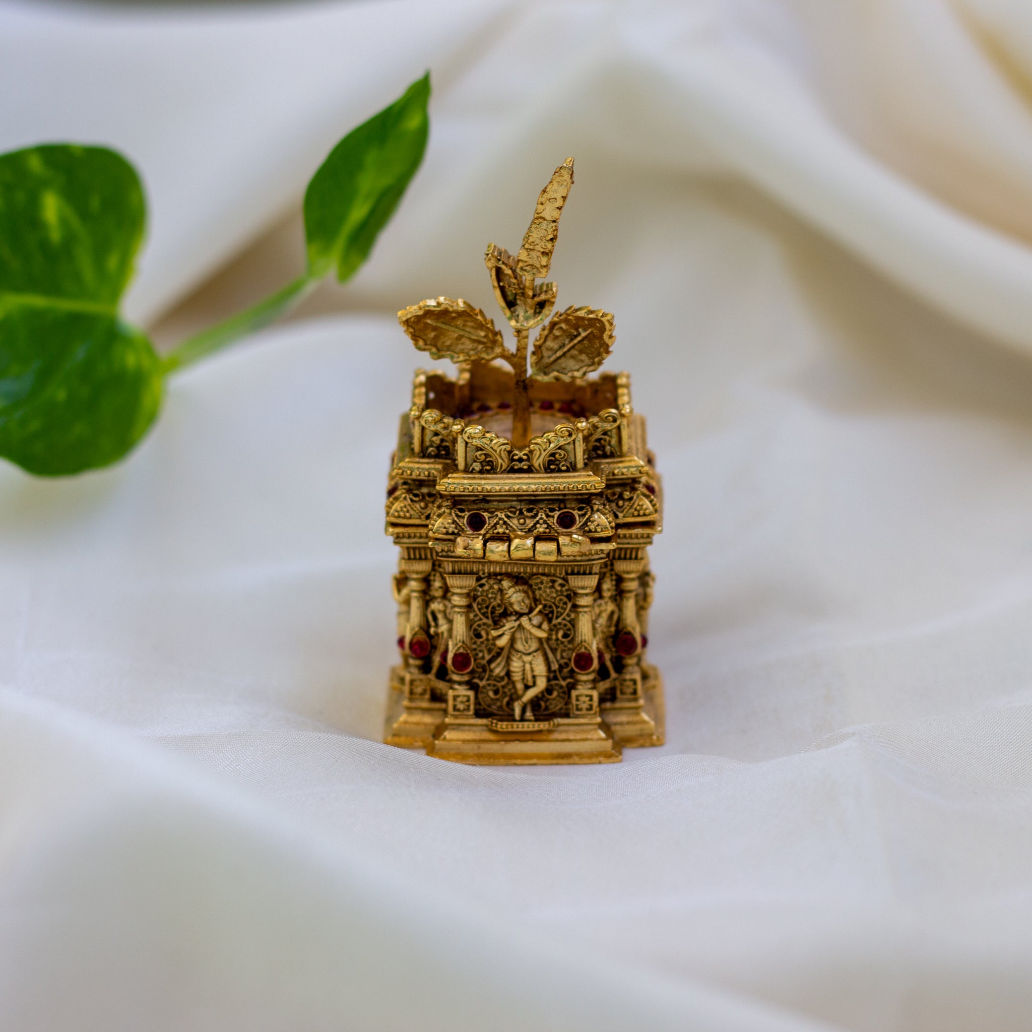 Antique Gold Krishna Tulsi Nakshi Design Deep Kum Kum Box