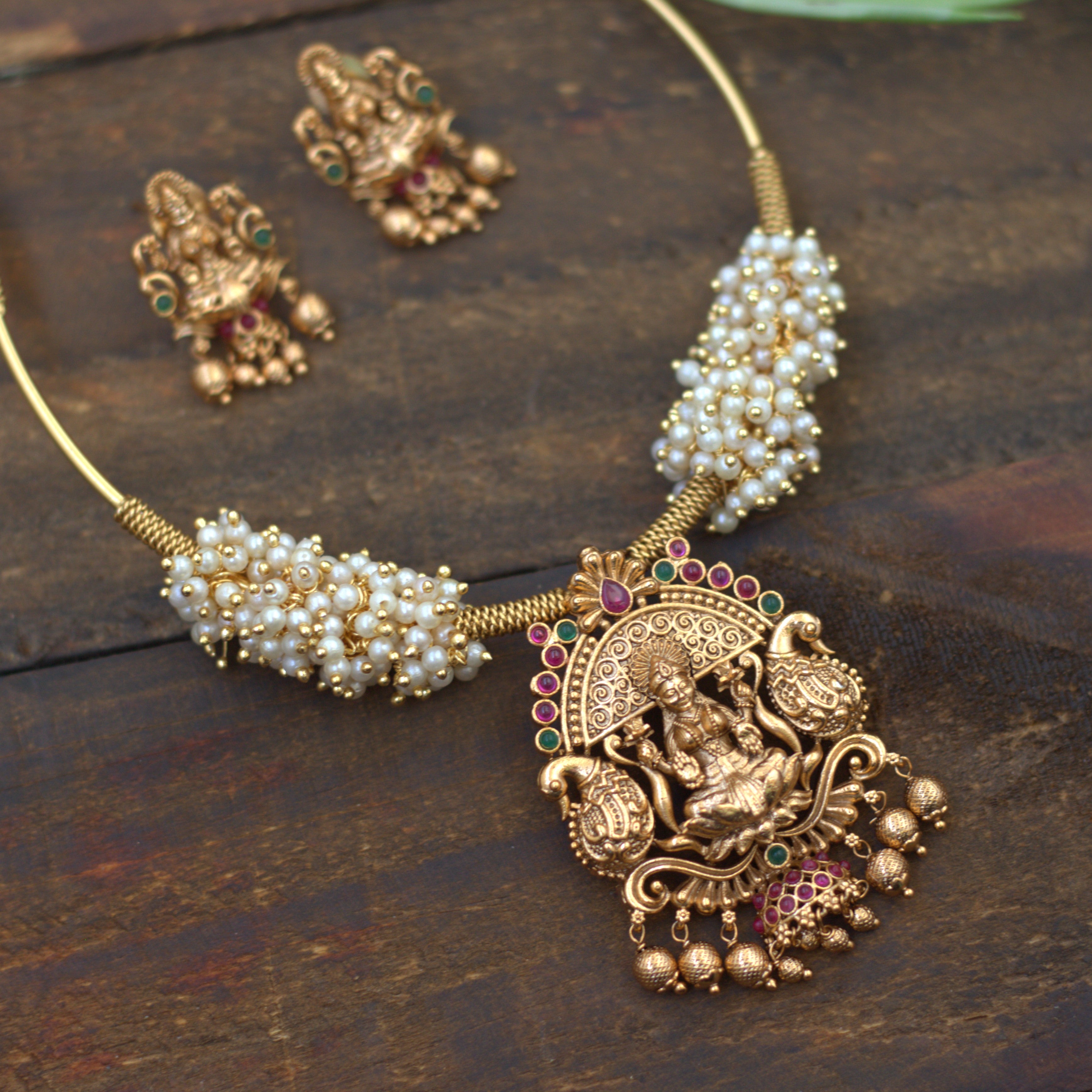 Antique Matte Gold Pearl Bunch Mahalakshmi Hasli Necklace Set