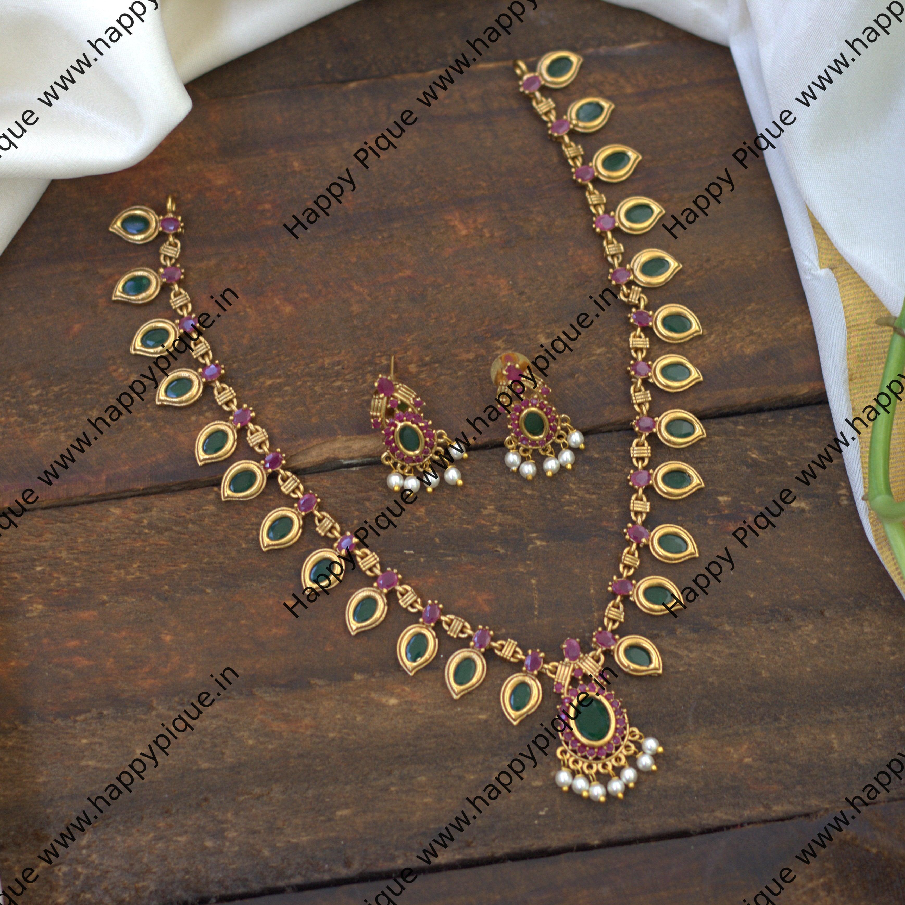 Premium Antique Matte Gold Look AD Palakka Short Necklace- Green with Red