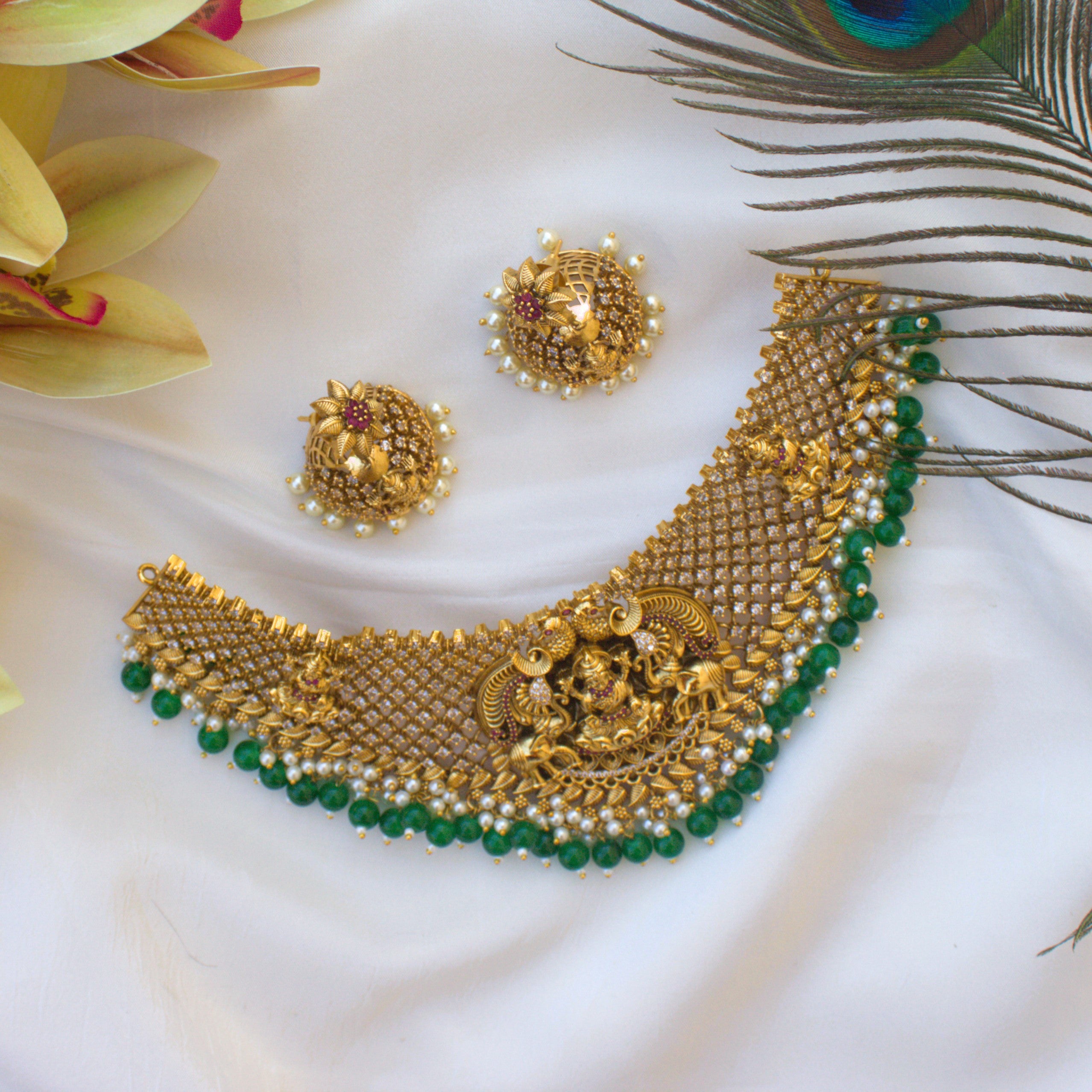 AD Stones Studded Nagas Lakshmi Heavy Bridal Choker Set