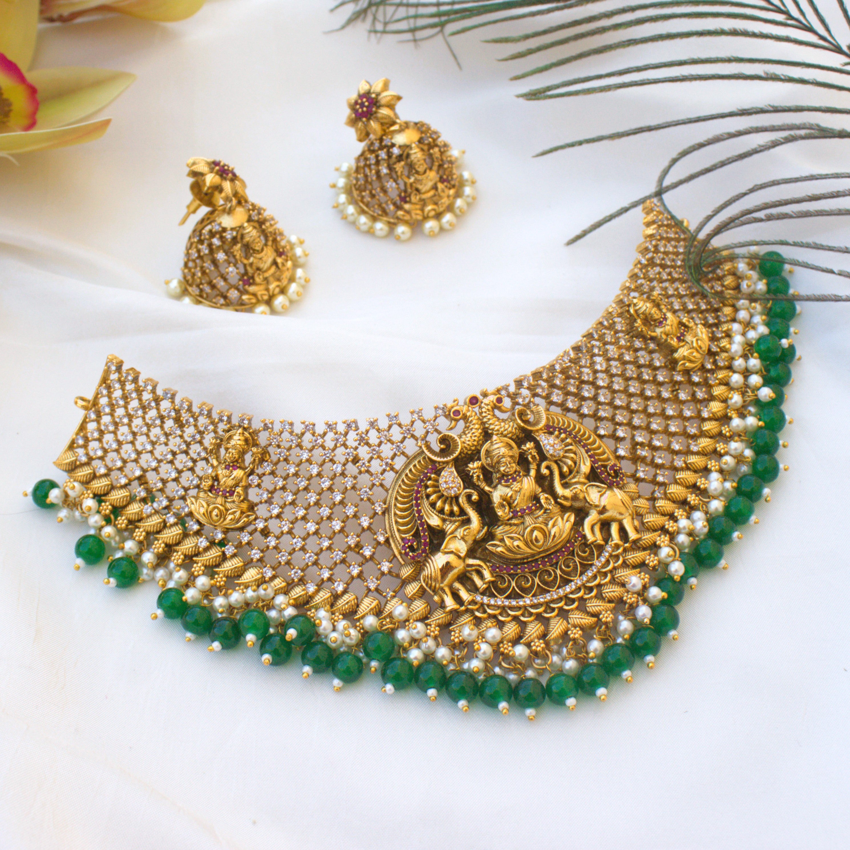 AD Stones Studded Nagas Lakshmi Heavy Bridal Choker Set