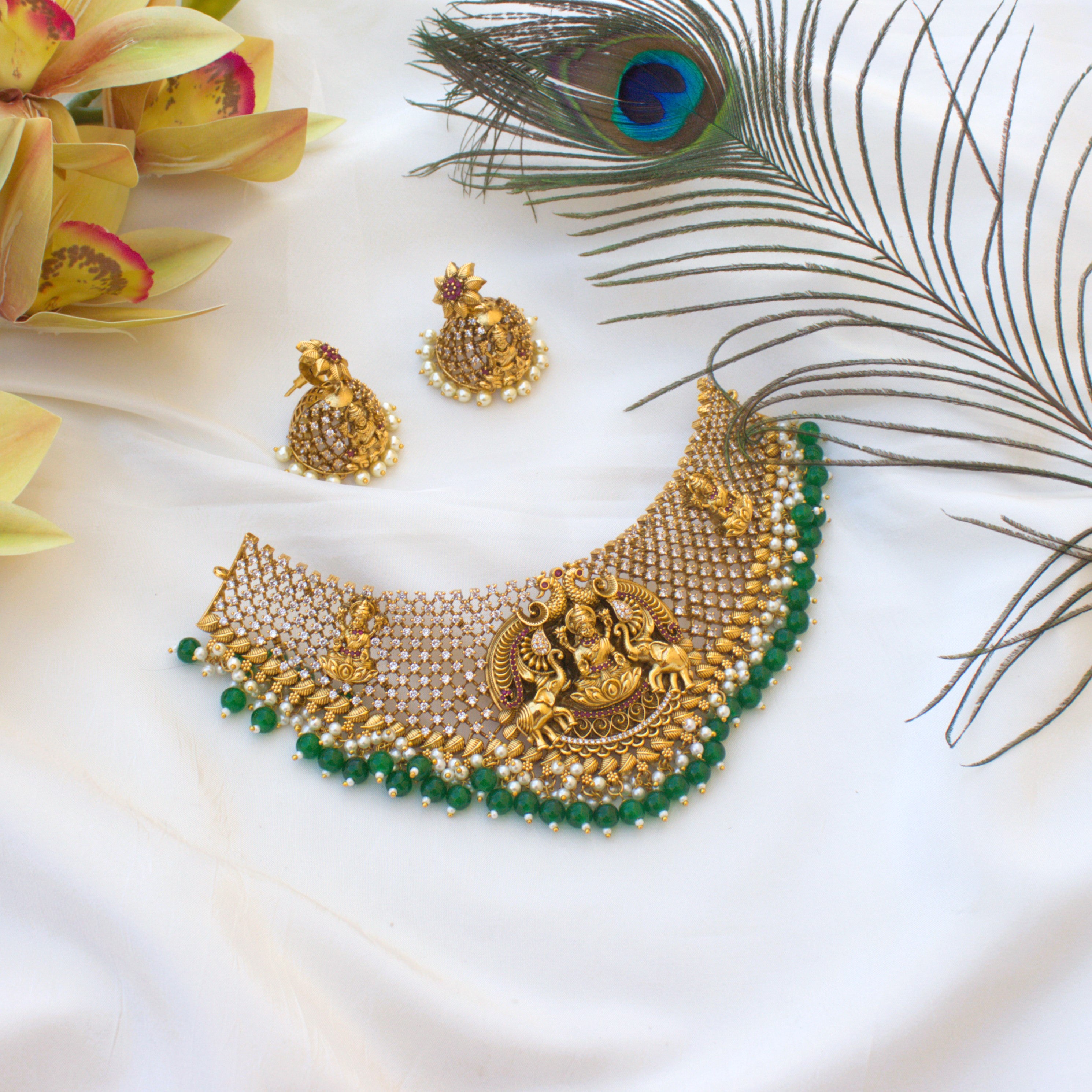 AD Stones Studded Nagas Lakshmi Heavy Bridal Choker Set