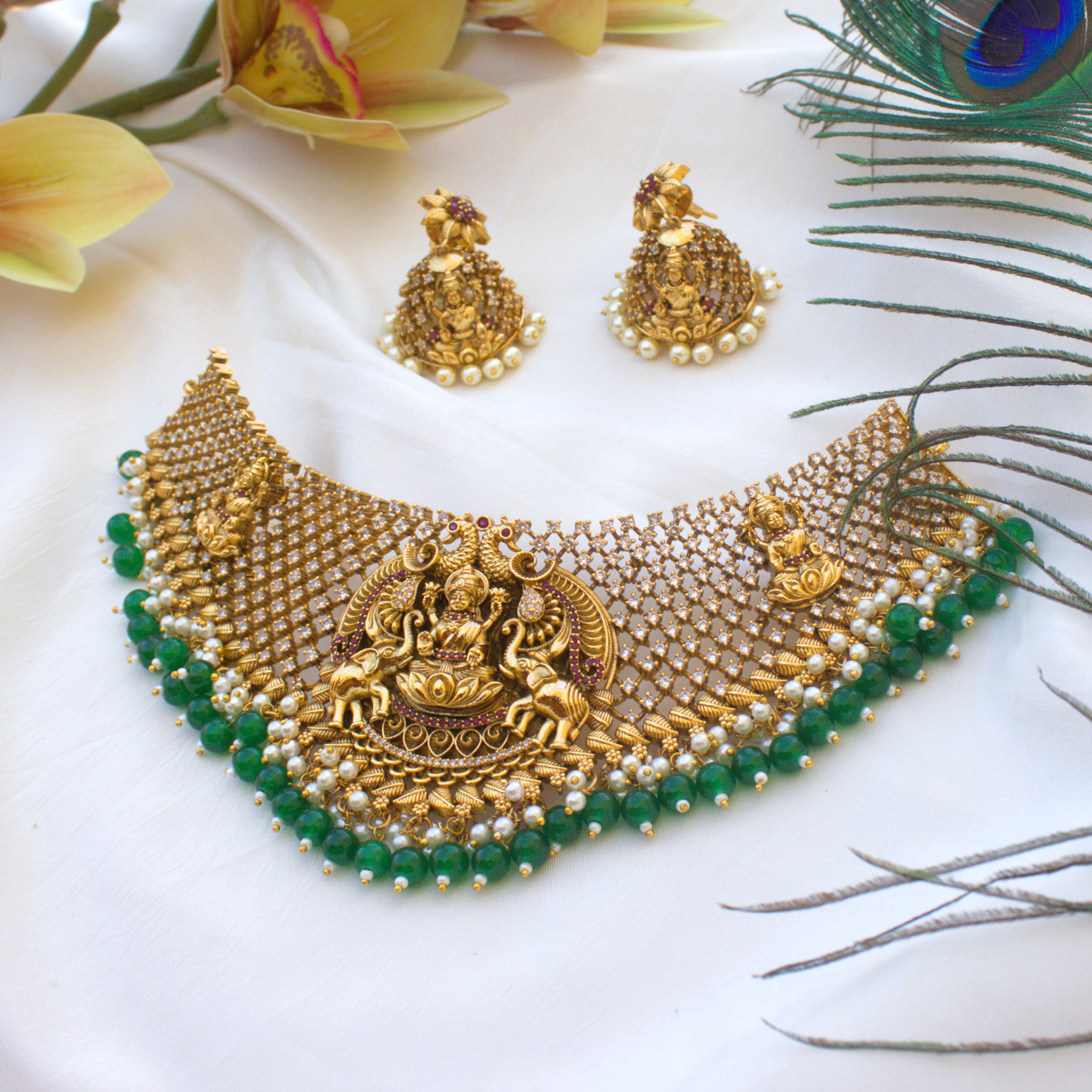 AD Stones Studded Nagas Lakshmi Heavy Bridal Choker Set